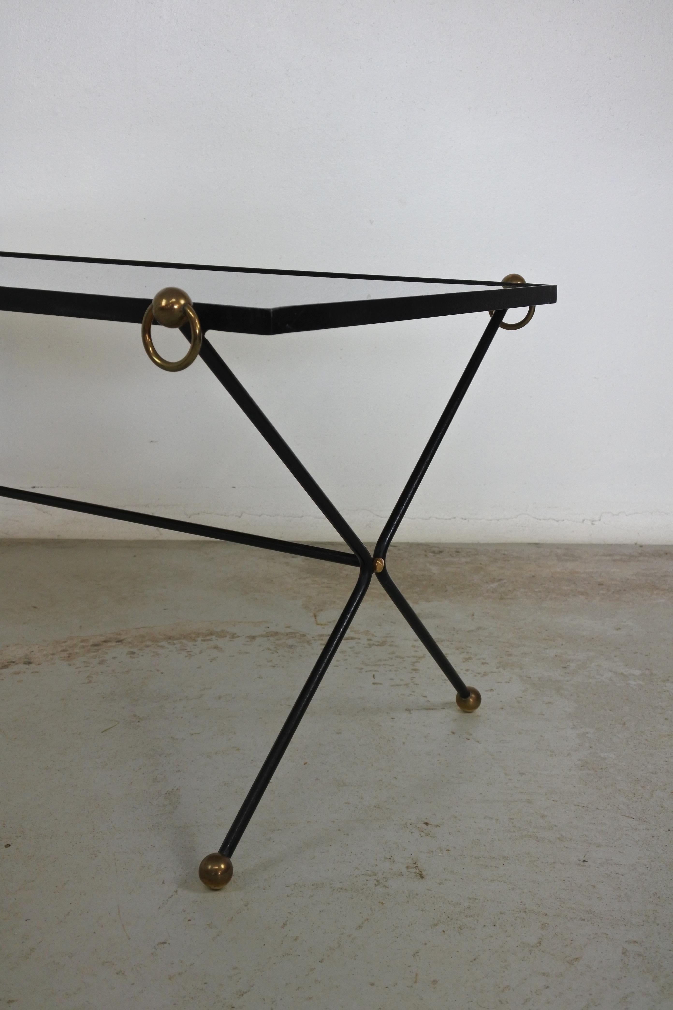 Neoclassical Metal, Brass and Black Opaline Glass Coffee Table, France, 1950s 1