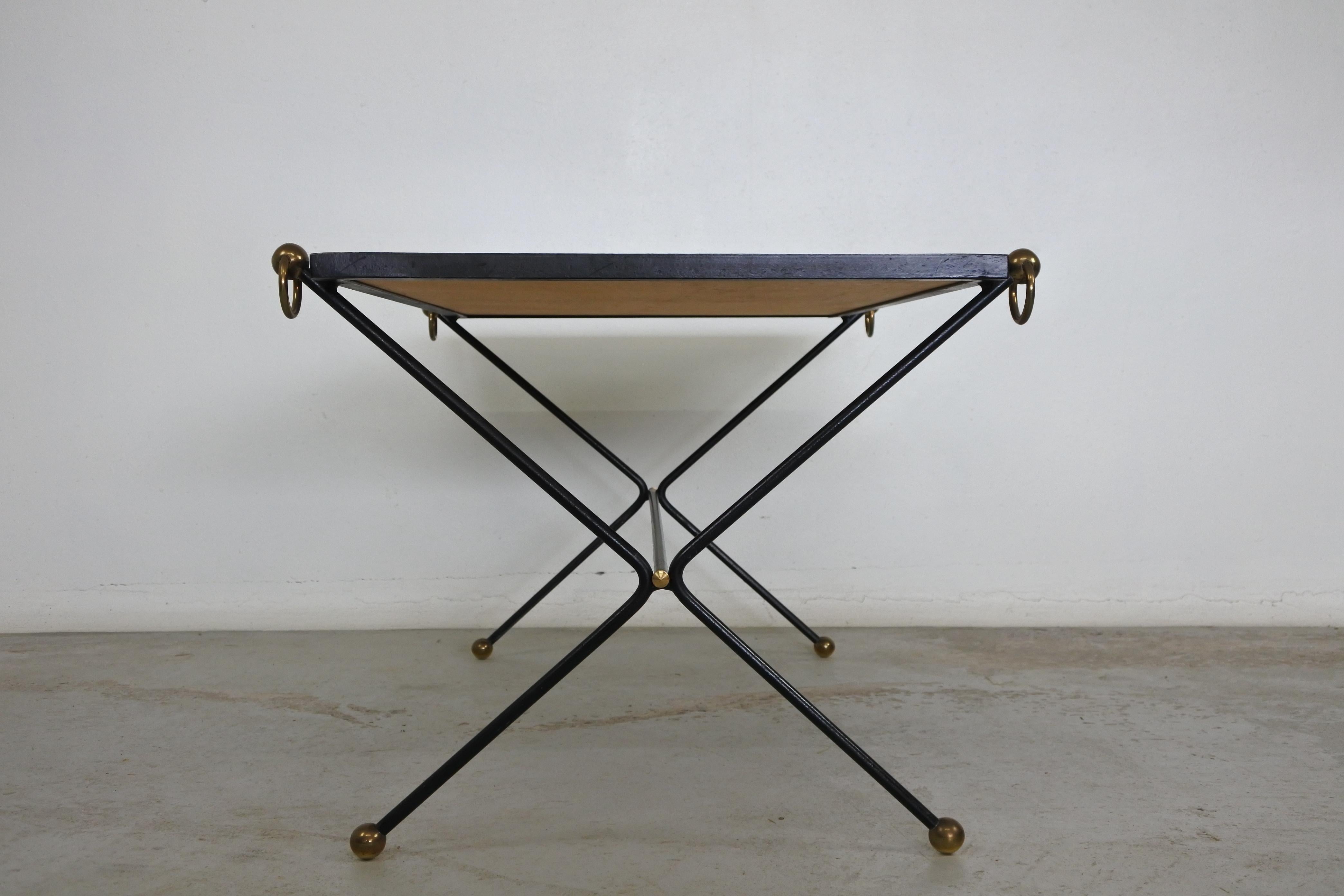 Neoclassical Metal, Brass and Black Opaline Glass Coffee Table, France, 1950s 2