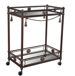 Neoclassical Metal & Brass Glass Tiered Rolling Trolley Butlers Bar Serving Cart