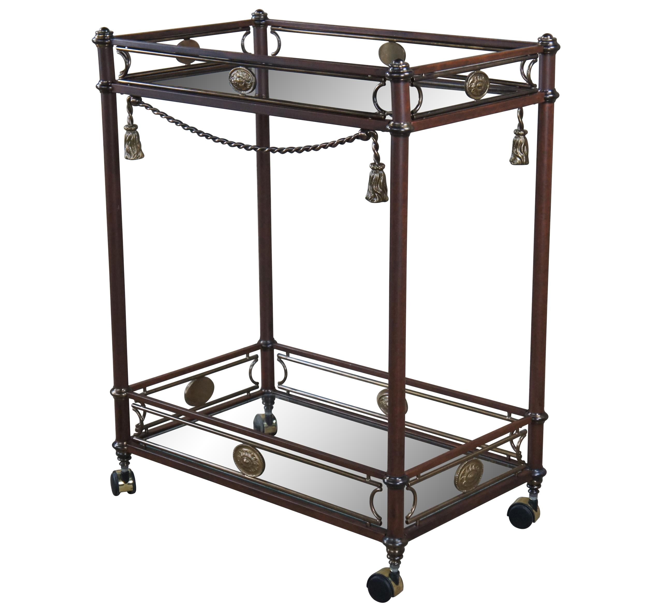 Neoclassical Metal & Brass Glass Tiered Rolling Trolley Butlers Bar Serving Cart In Good Condition For Sale In Dayton, OH