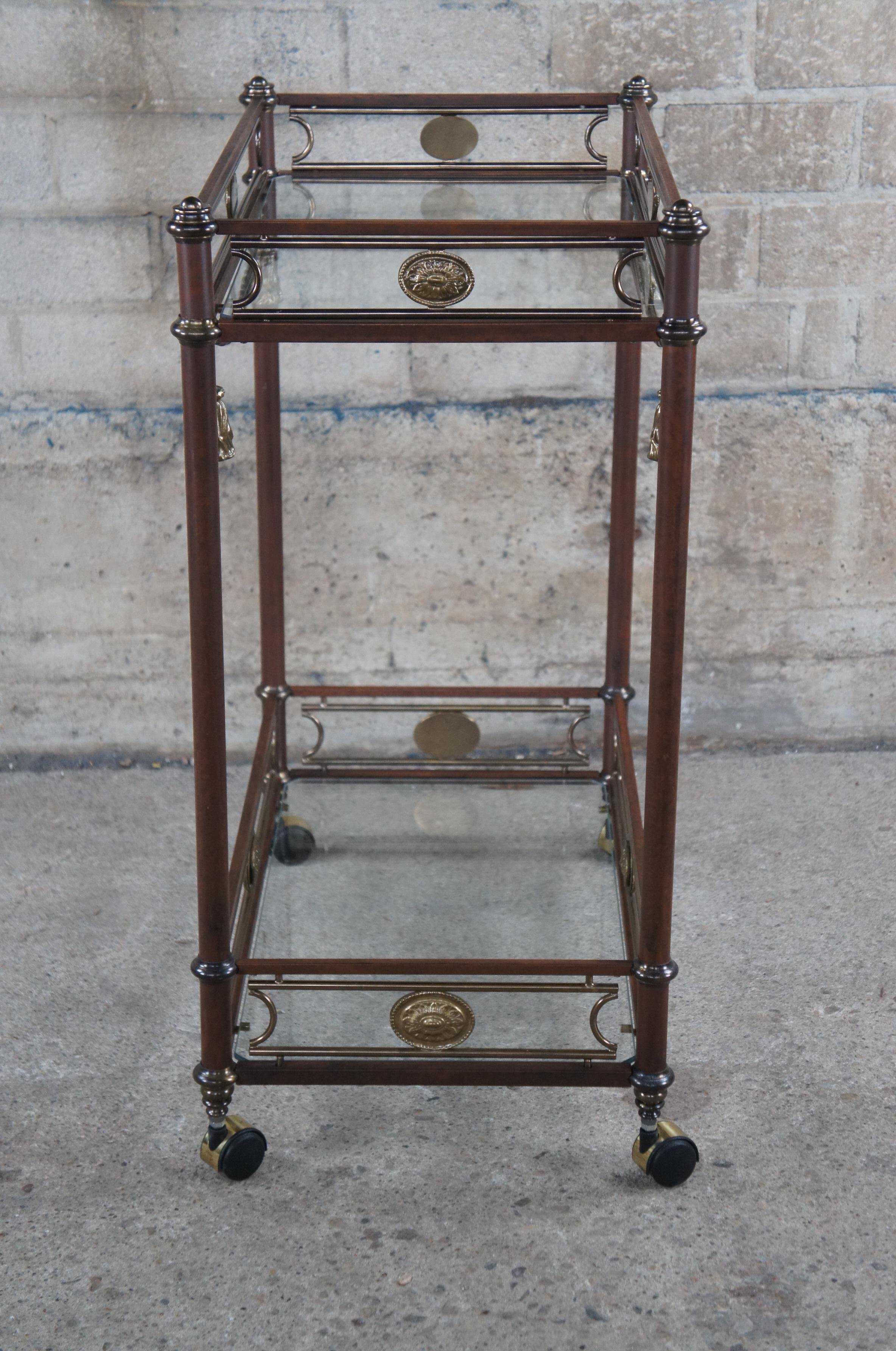 Neoclassical Metal & Brass Glass Tiered Rolling Trolley Butlers Bar Serving Cart For Sale 1
