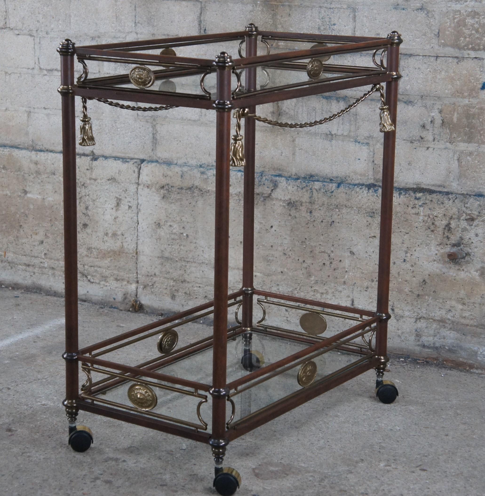 Neoclassical Metal & Brass Glass Tiered Rolling Trolley Butlers Bar Serving Cart For Sale 2