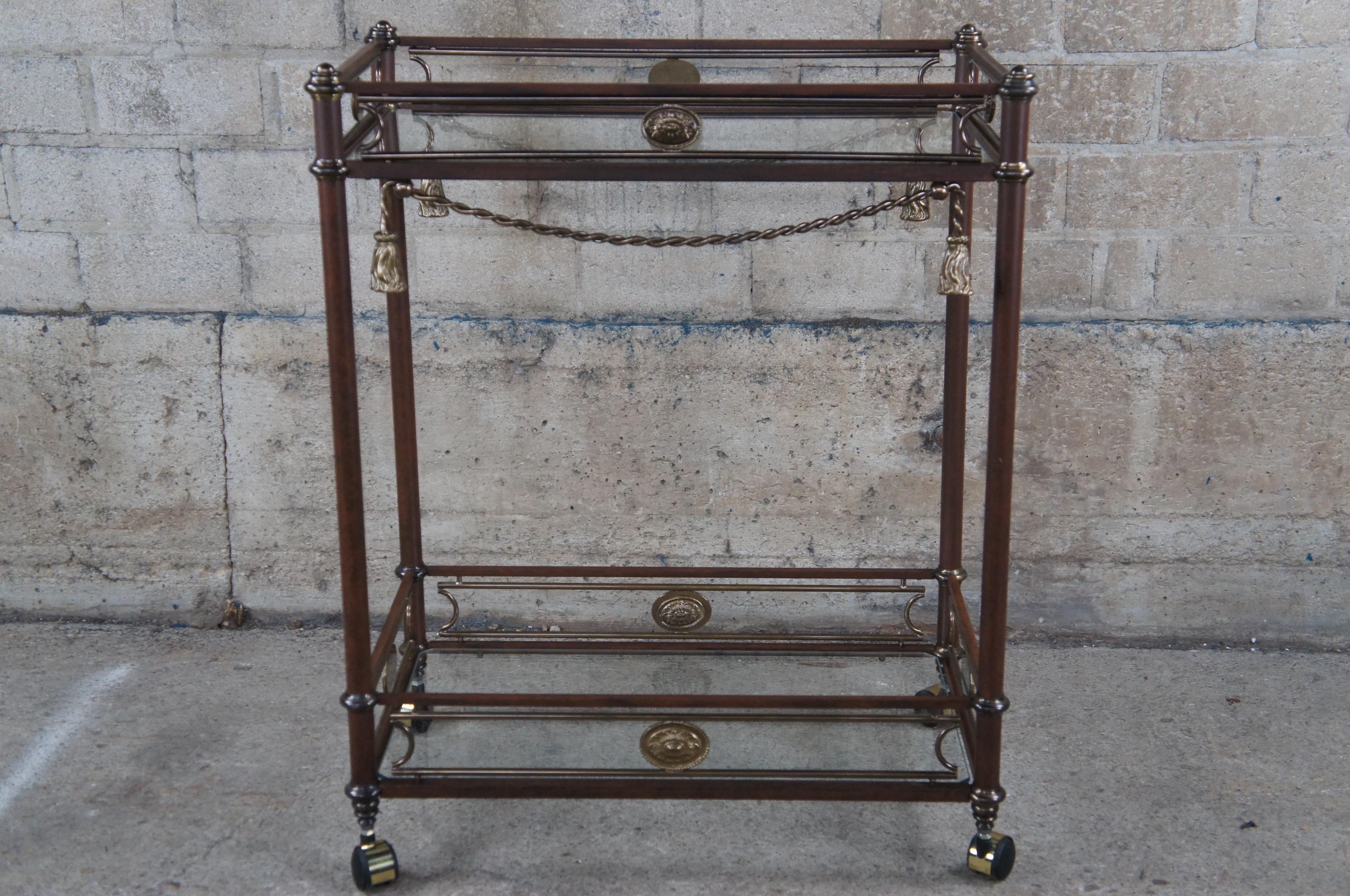 Neoclassical Metal & Brass Glass Tiered Rolling Trolley Butlers Bar Serving Cart For Sale 3
