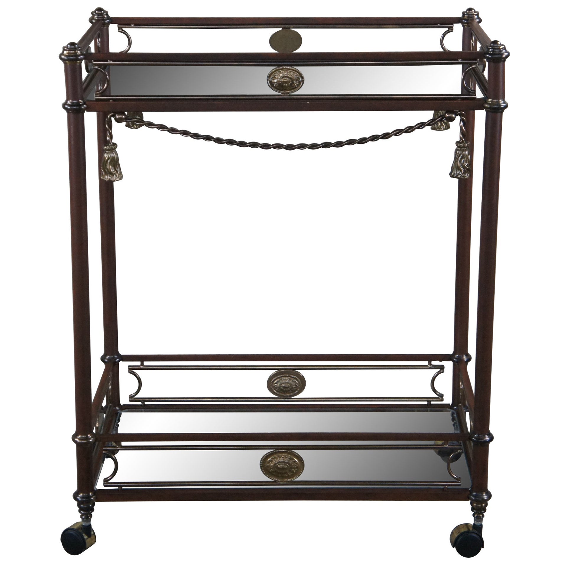 Neoclassical Metal & Brass Glass Tiered Rolling Trolley Butlers Bar Serving Cart