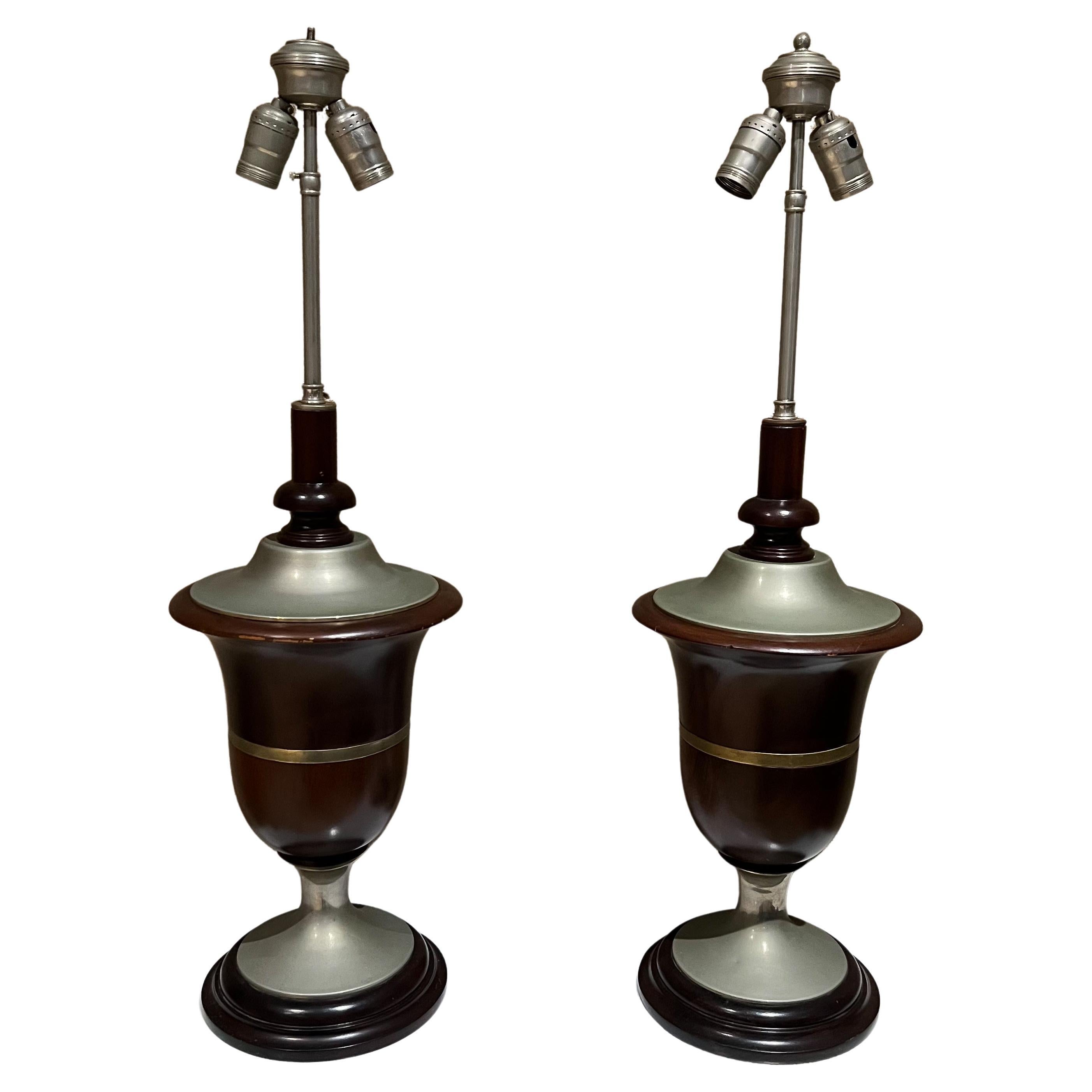 1940s Modernism Neoclassical Mexican Mahogany Table Lamps Style Luis Barragan