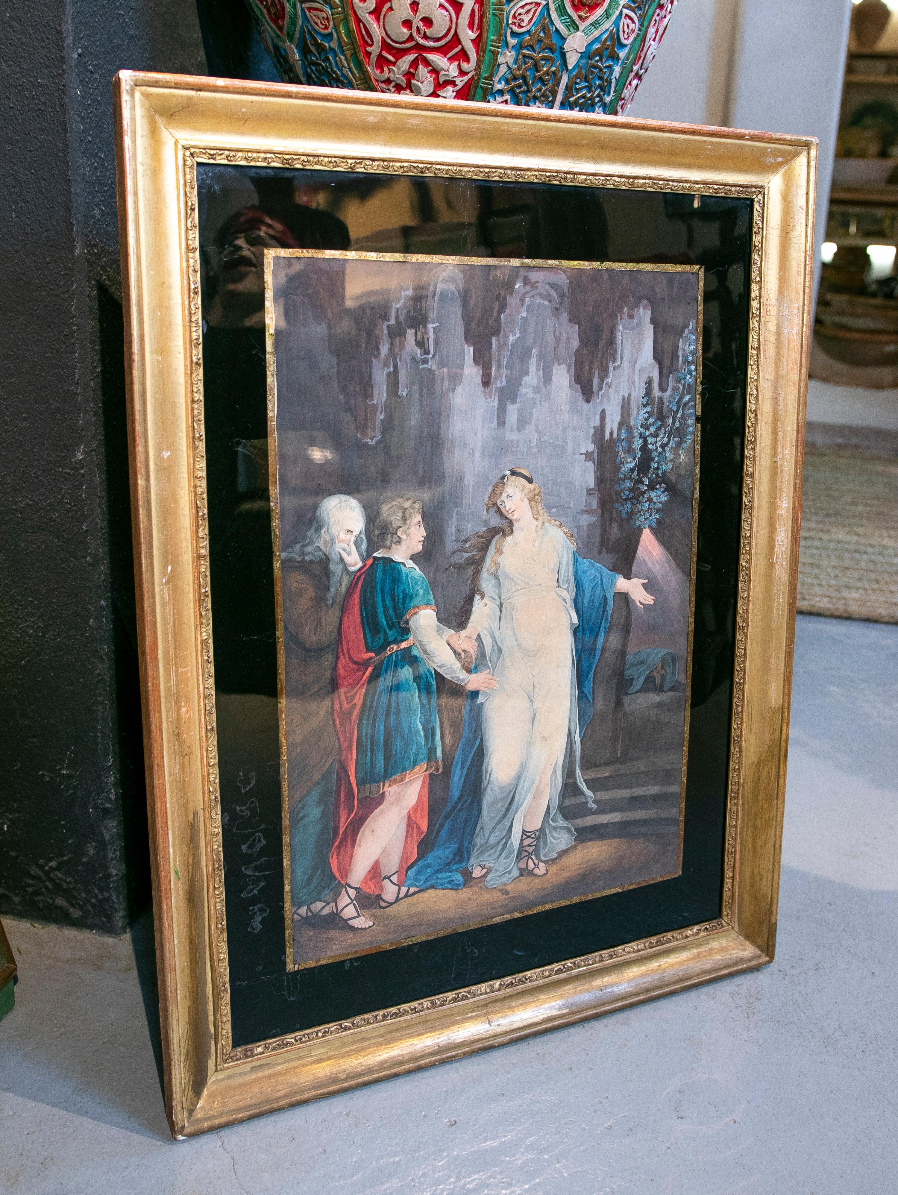 Neoclassical 1850 Spanish framed watercourse people painting showing two men consulting the Oracle at Delphi.

Interior dimensions: 55x37cm.