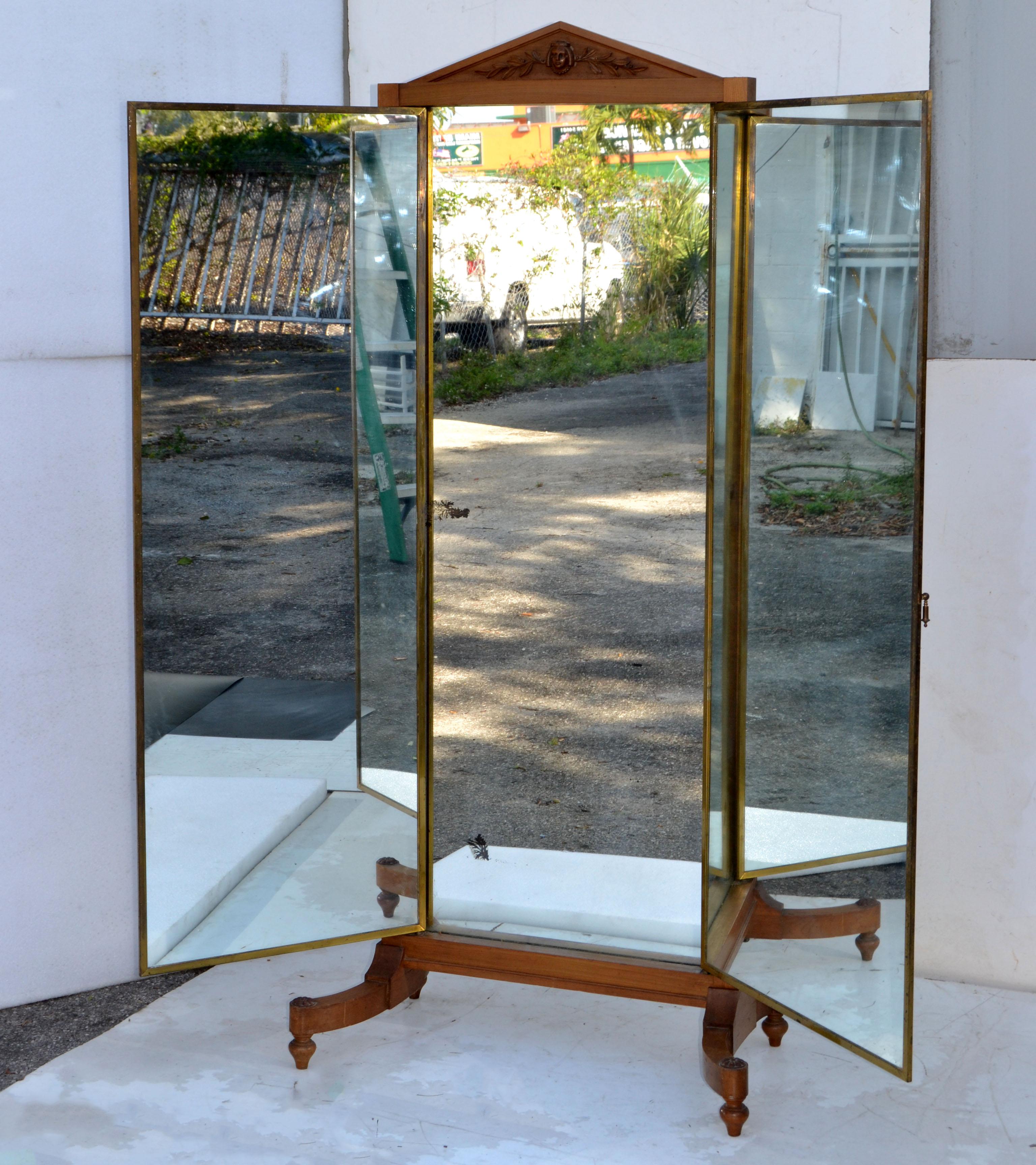 Neoclassical Miroir Brot 3 Panel Brass & Walnut Store Mirror France 1925 7