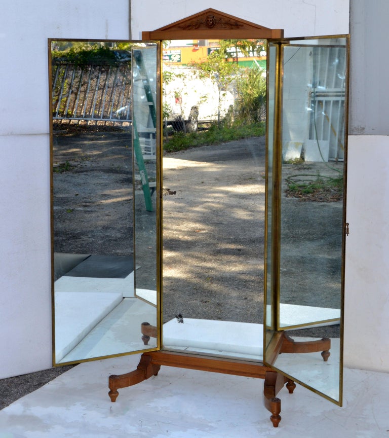 Neoclassical Miroir Brot 3 Panel Brass and Walnut Store Mirror France 1925  at 1stDibs