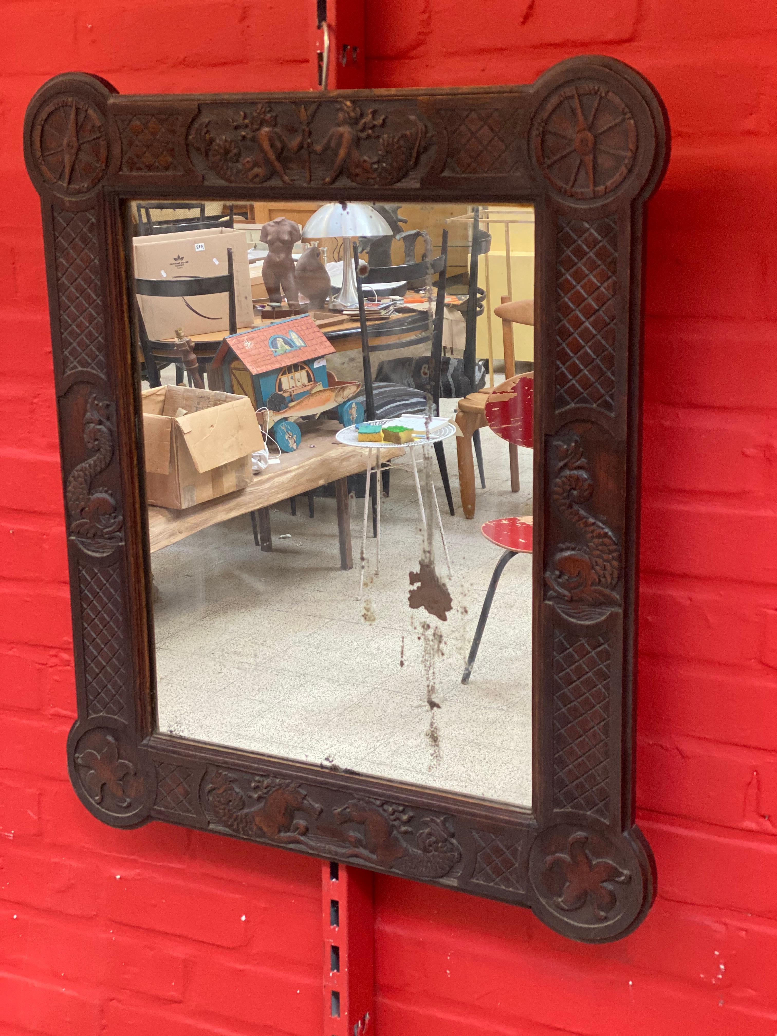 Neoclassical Mirror in Oak circa 1940/1950 Decorated with Mermaids, Newts In Good Condition In Saint-Ouen, FR