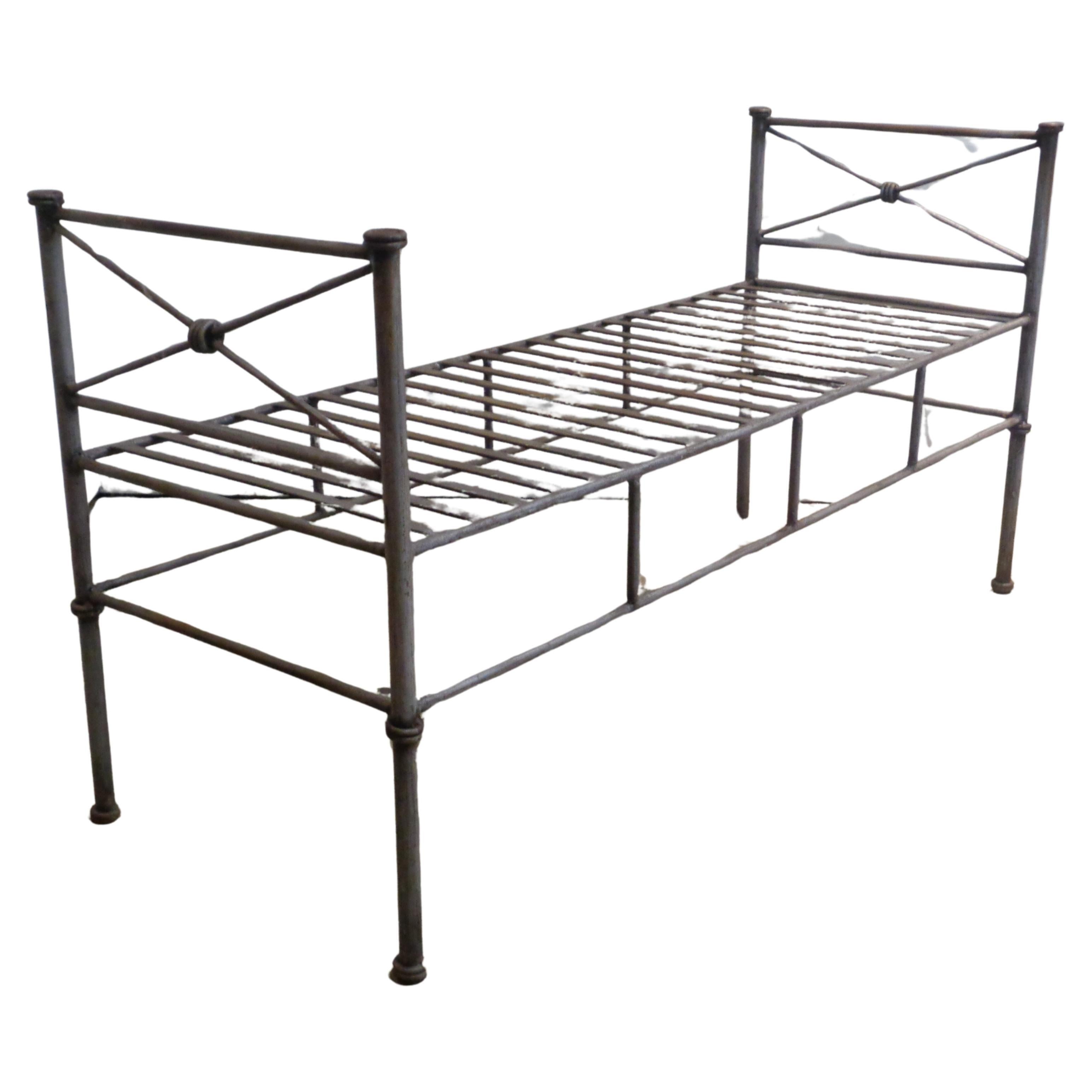 Neoclassical modern iron bench in original aged silvered finish. Style of Diego Giacometti, circa 1980's. Interior of exterior use. Look at all pictures and read condition report in comment section **** HAND DELIVERY CAN BE ARRANGED FROM DOOR NUMBER