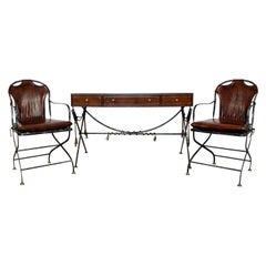 Neoclassical Modern Maitland Smith Wood Iron Brass Leather Desk Pair Armchairs
