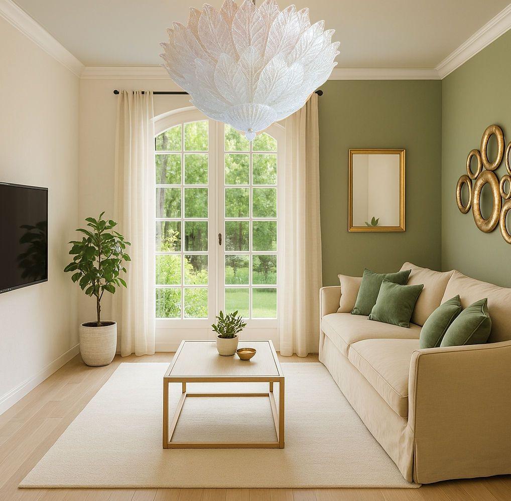 Gran y elegante araña empotrada de cristal de Murano de estilo neoclásico, de Barovier & Toso, Italia, hacia la década de 1970.
La lámpara de araña moderna de mediados de siglo de Murano está hecha con dos capas de cristales de hojas transparentes y