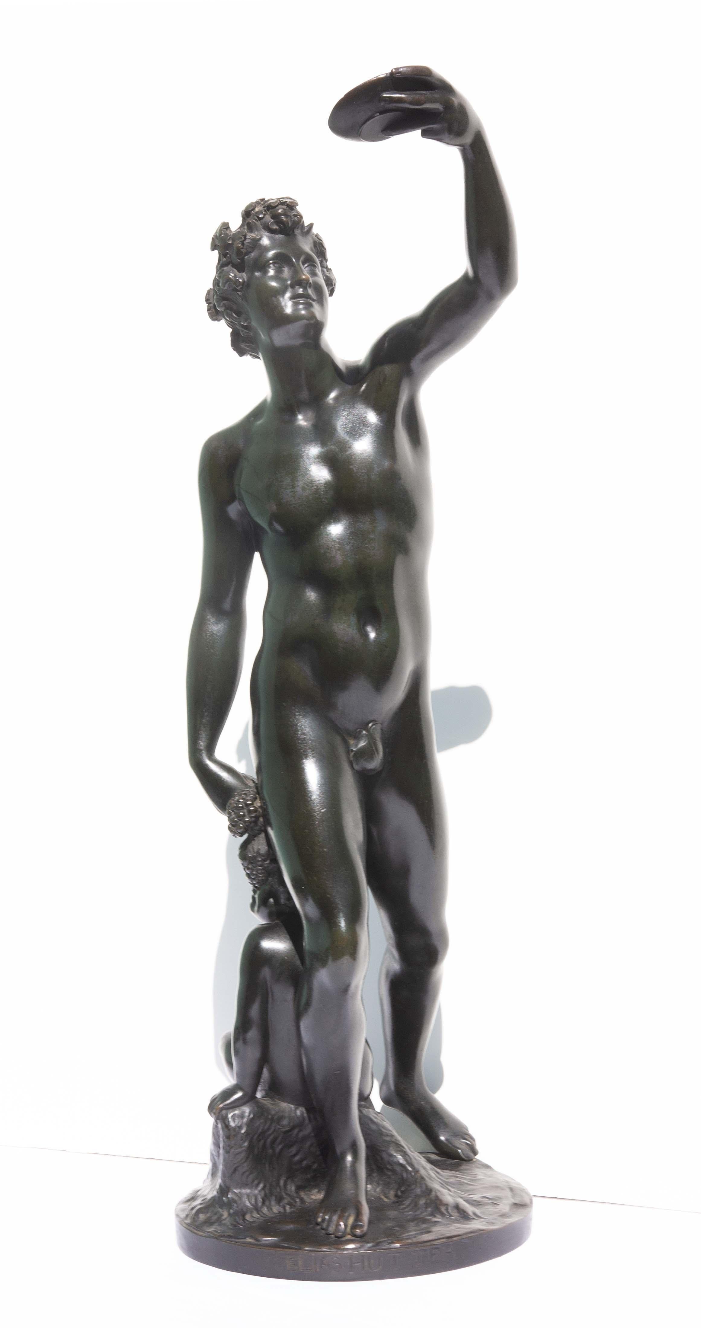 Sculpture néoclassique en bronze représentant un jeune Bacchus et un fauve faisant une offrande Elias Hutter. Moulage très fin avec une riche patine. Début ou milieu du XIXe siècle. 
Elias Hutter : (Vienne 1774 - 1865) : a étudié à l'Académie de