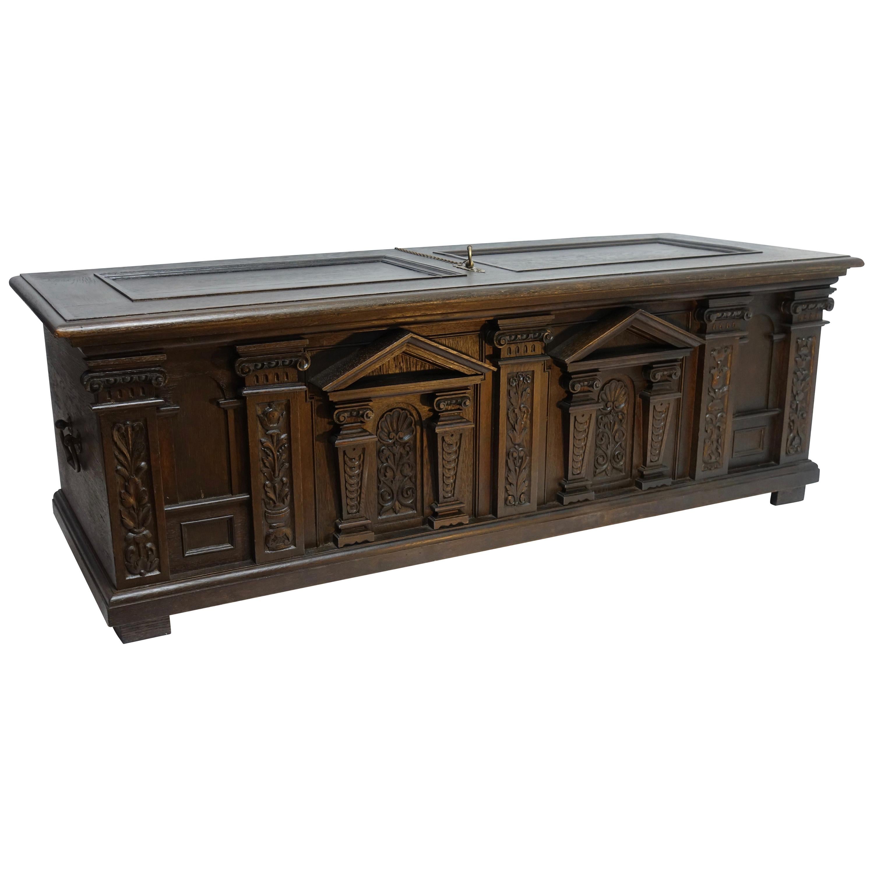 Neoclassical Oak Dowry Coffer with Architectural Detail, English 19th Century