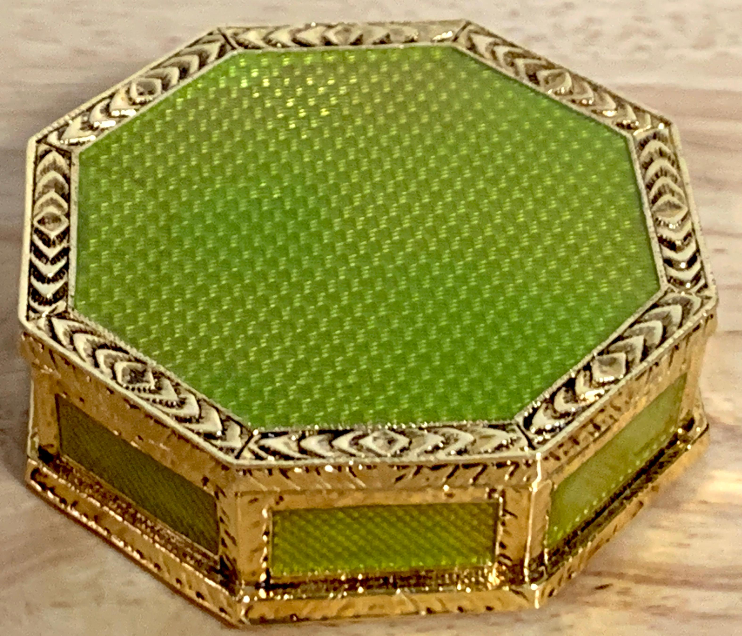 20th Century Neoclassical Octagonal Green Guilloche & Ormolu Box, after Faberge For Sale