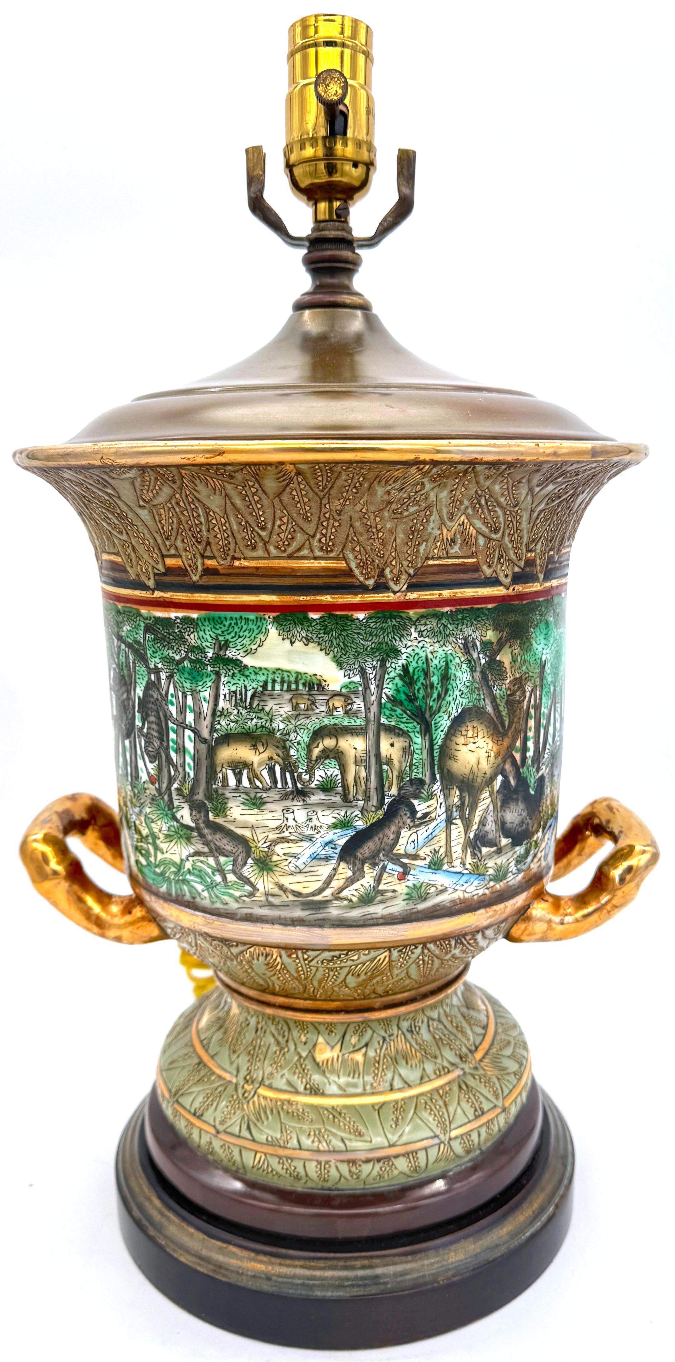 Neoclassical Old Paris Style Exotic Jungle Landscape Campana Urn Lamp
France, 20th century 

An exquisite Neoclassical Old Paris Style Exotic Jungle Landscape Campana Urn Lamp, originating from France in the 20th century Standing impressively at 19