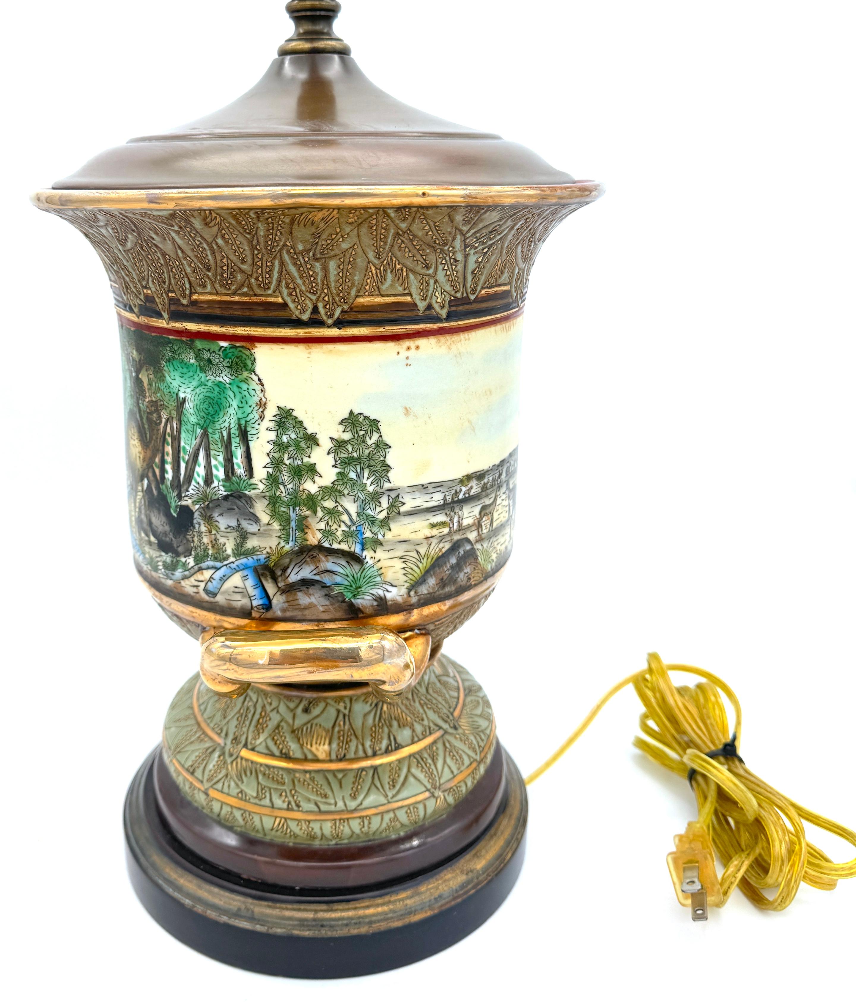 French Neoclassical Old Paris Style Exotic Jungle Landscape Campana Urn Lamp For Sale