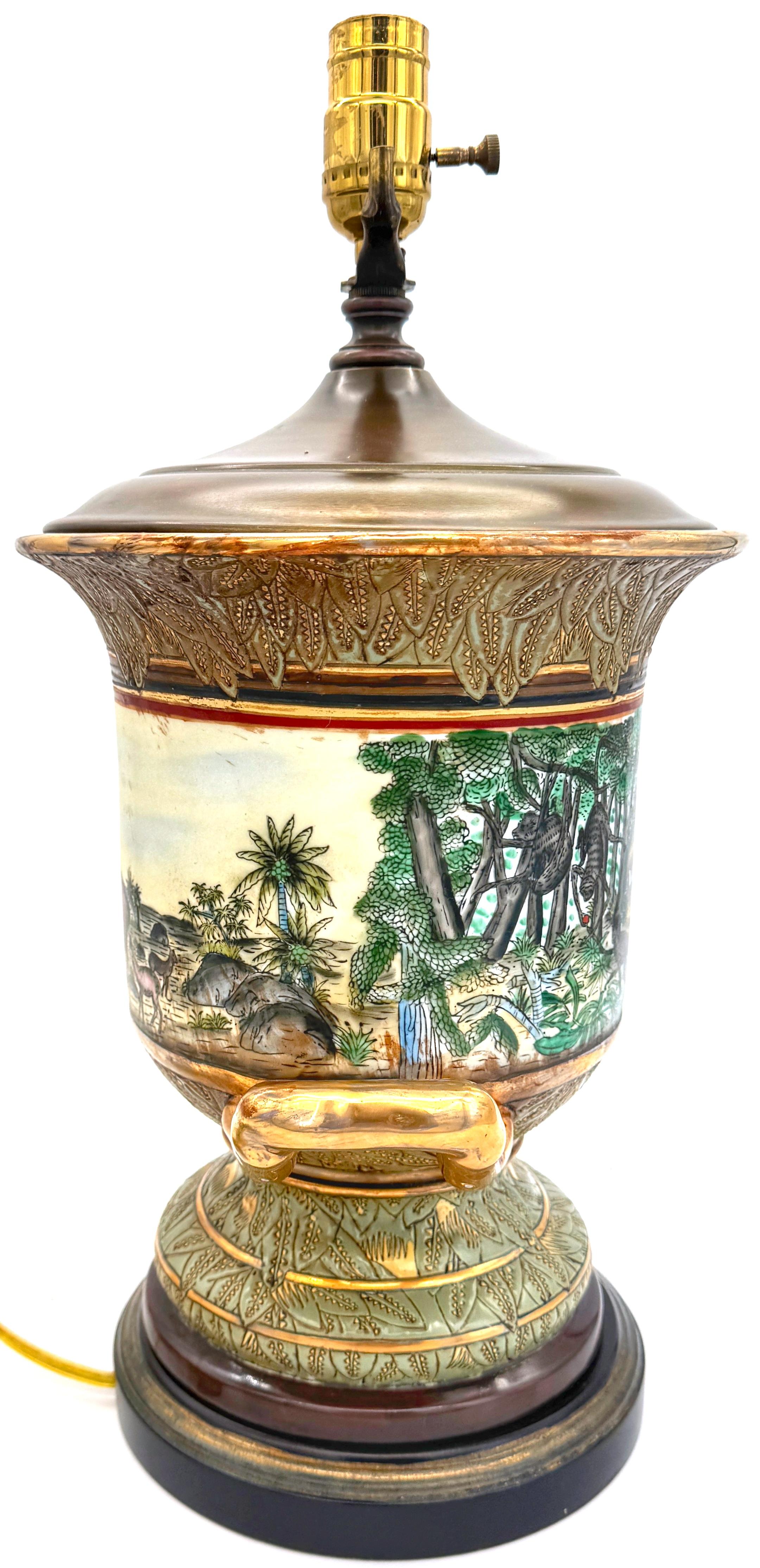 Neoclassical Old Paris Style Exotic Jungle Landscape Campana Urn Lamp In Good Condition For Sale In West Palm Beach, FL