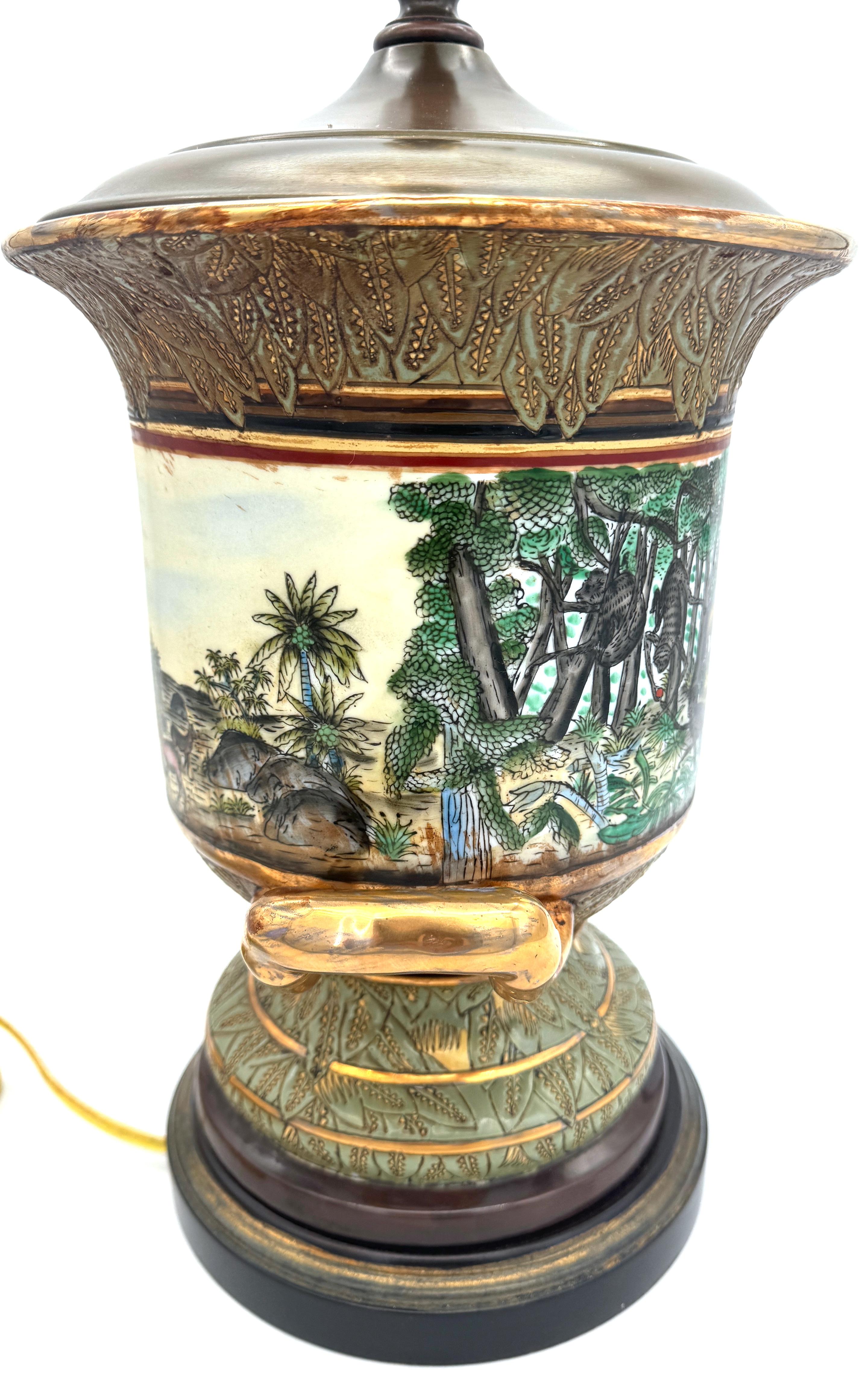 20th Century Neoclassical Old Paris Style Exotic Jungle Landscape Campana Urn Lamp For Sale