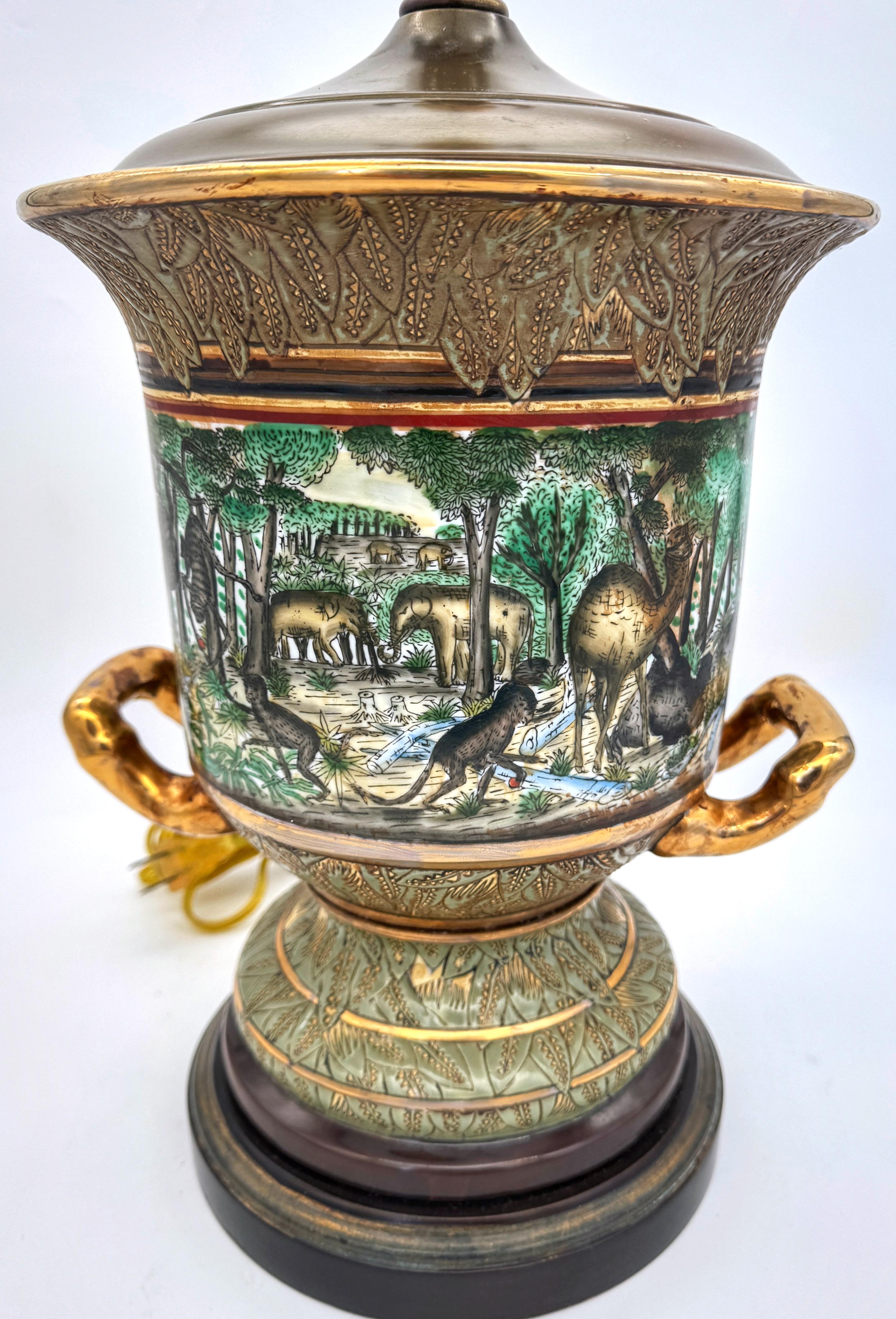 Brass Neoclassical Old Paris Style Exotic Jungle Landscape Campana Urn Lamp For Sale