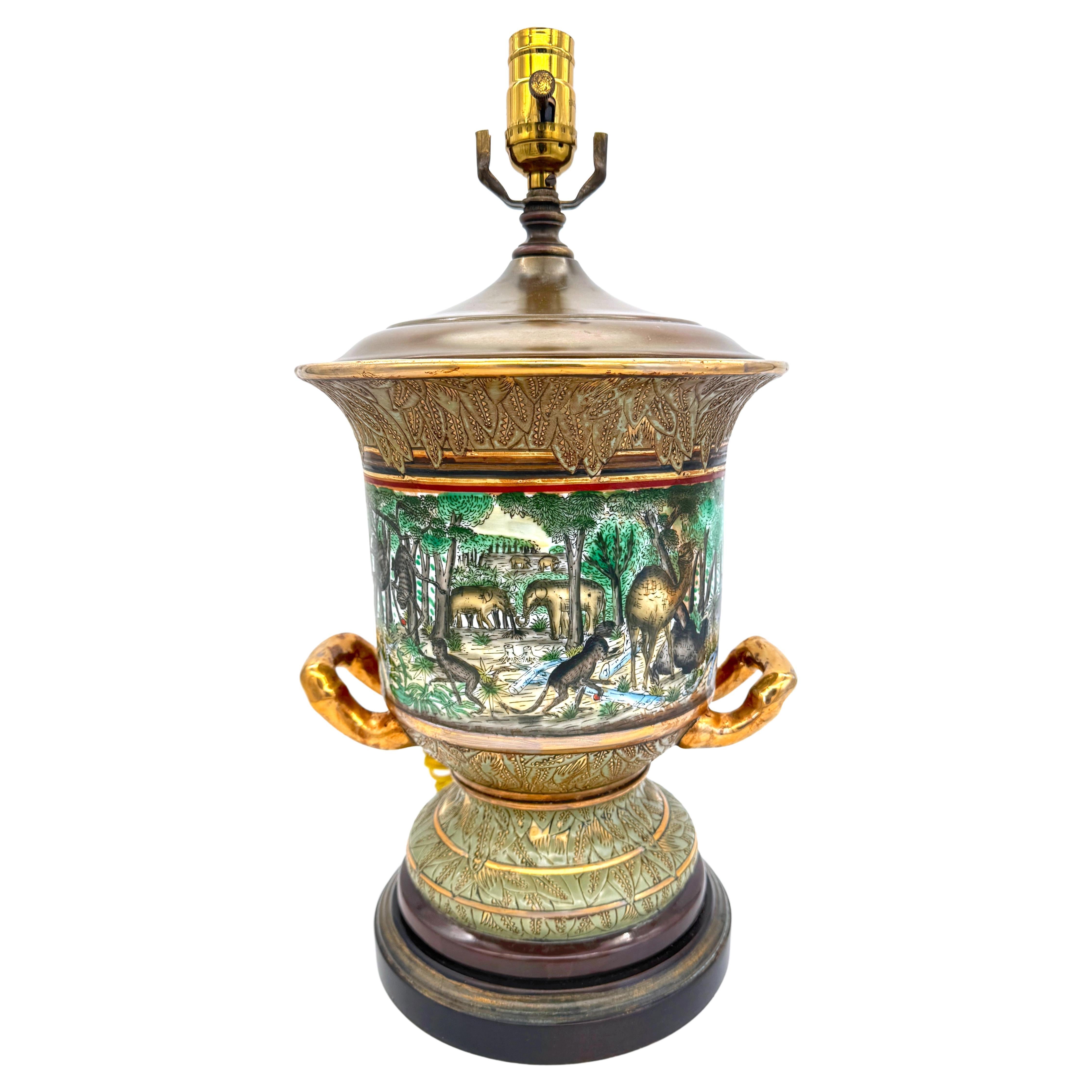 Neoclassical Old Paris Style Exotic Jungle Landscape Campana Urn Lamp For Sale