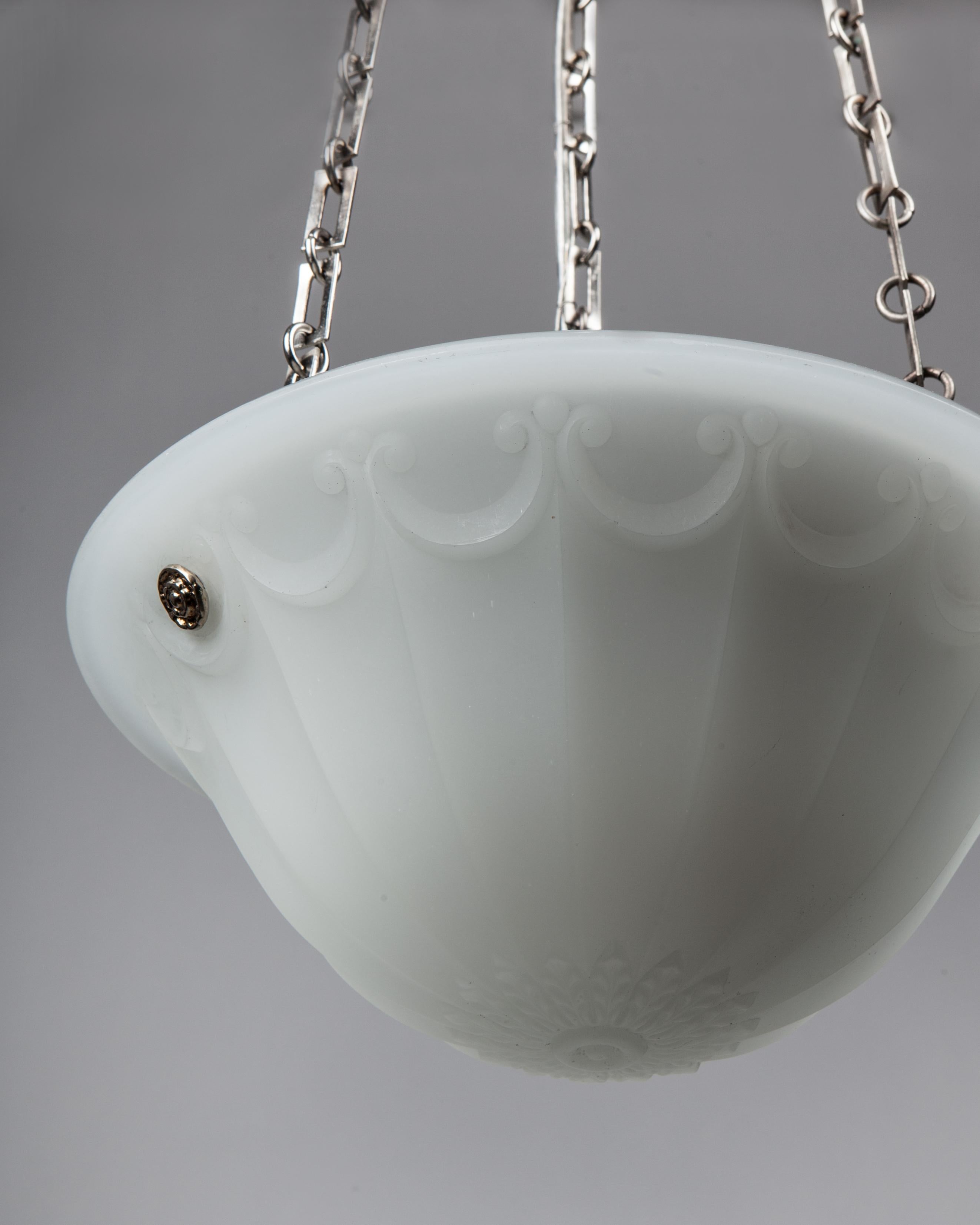 Unknown Neoclassical Opaline Glass and Nickel Chandelier, circa 1910