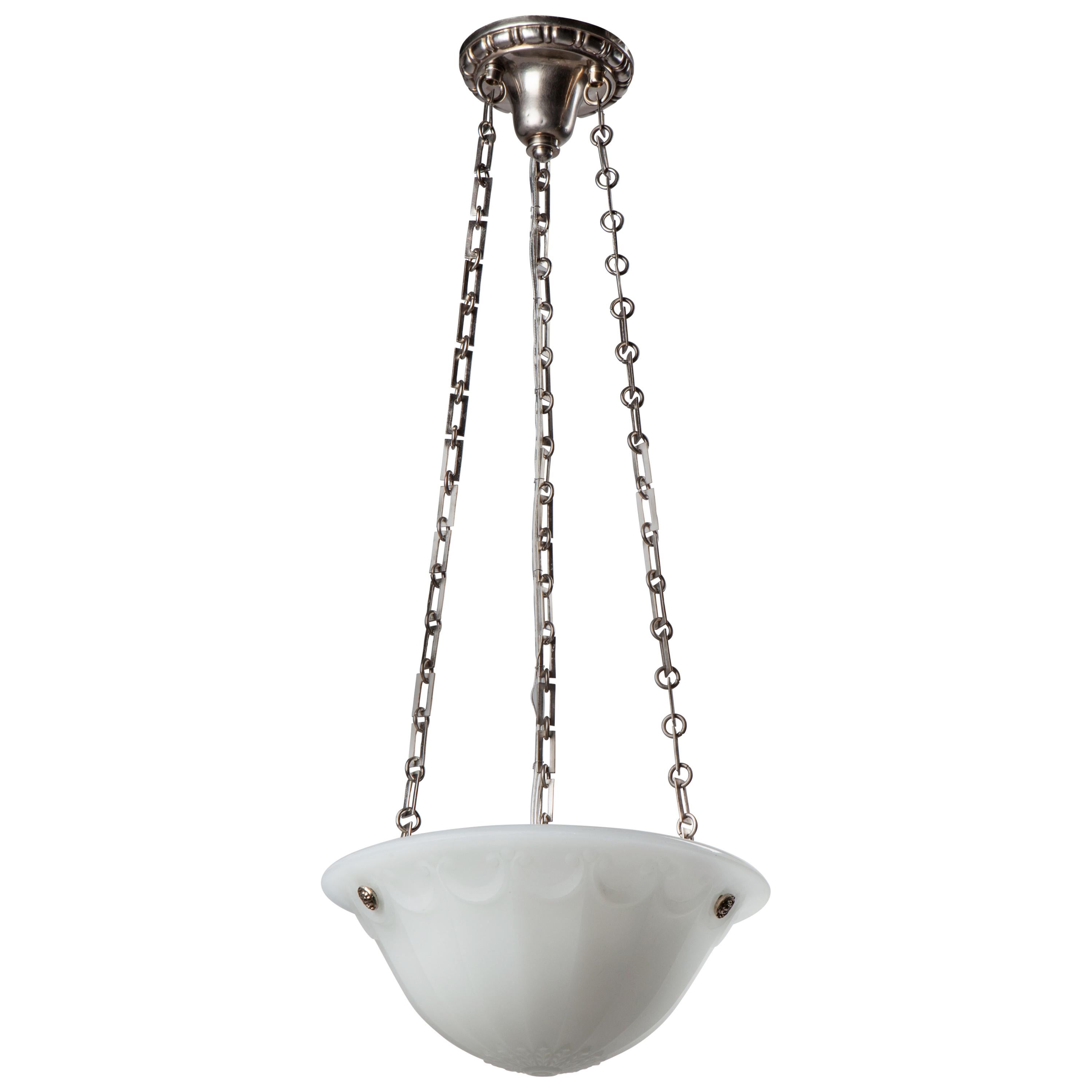 Neoclassical Opaline Glass and Nickel Chandelier, circa 1910