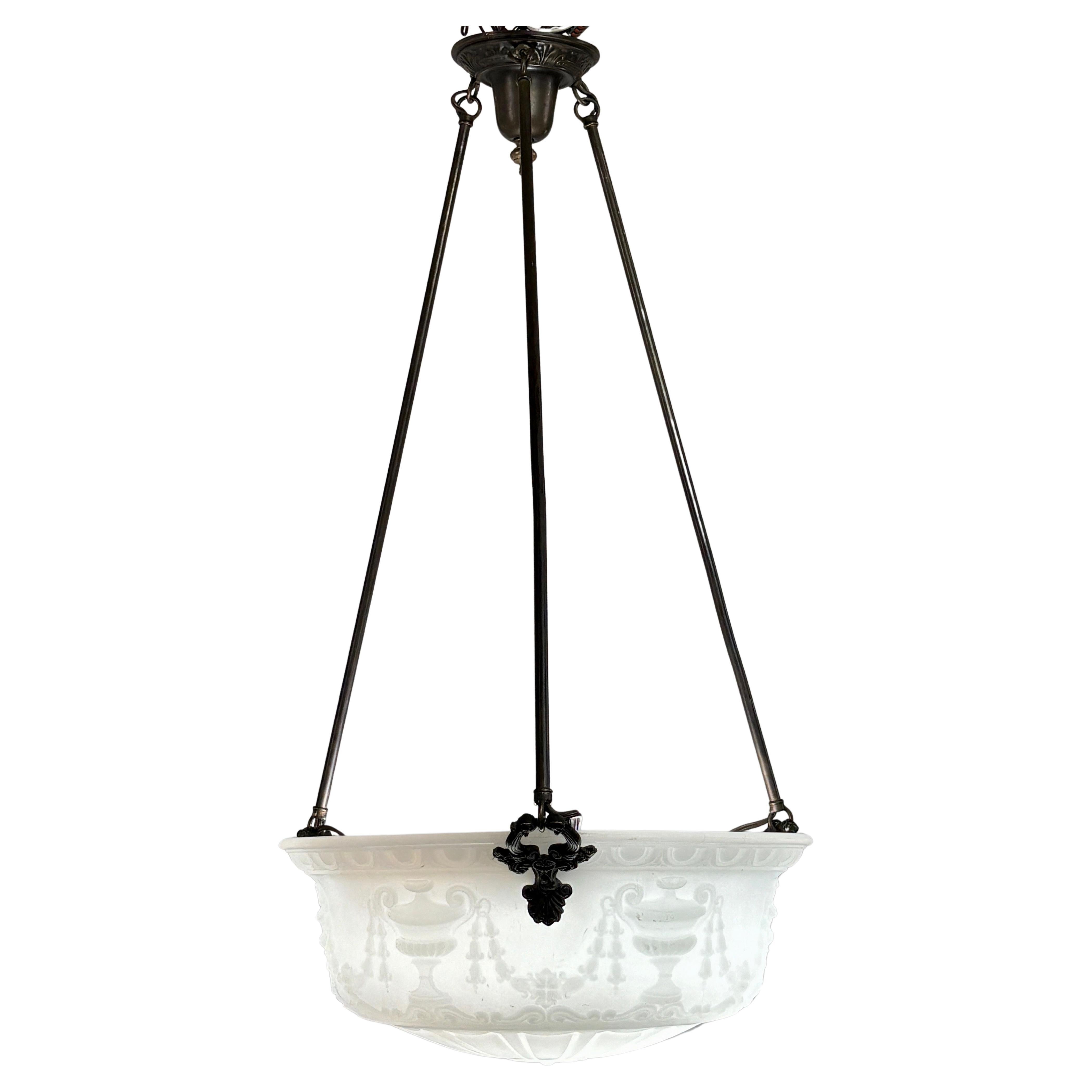 Neoclassical Opaque White Cast Glass Round Pendant Ceiling Light Fixture