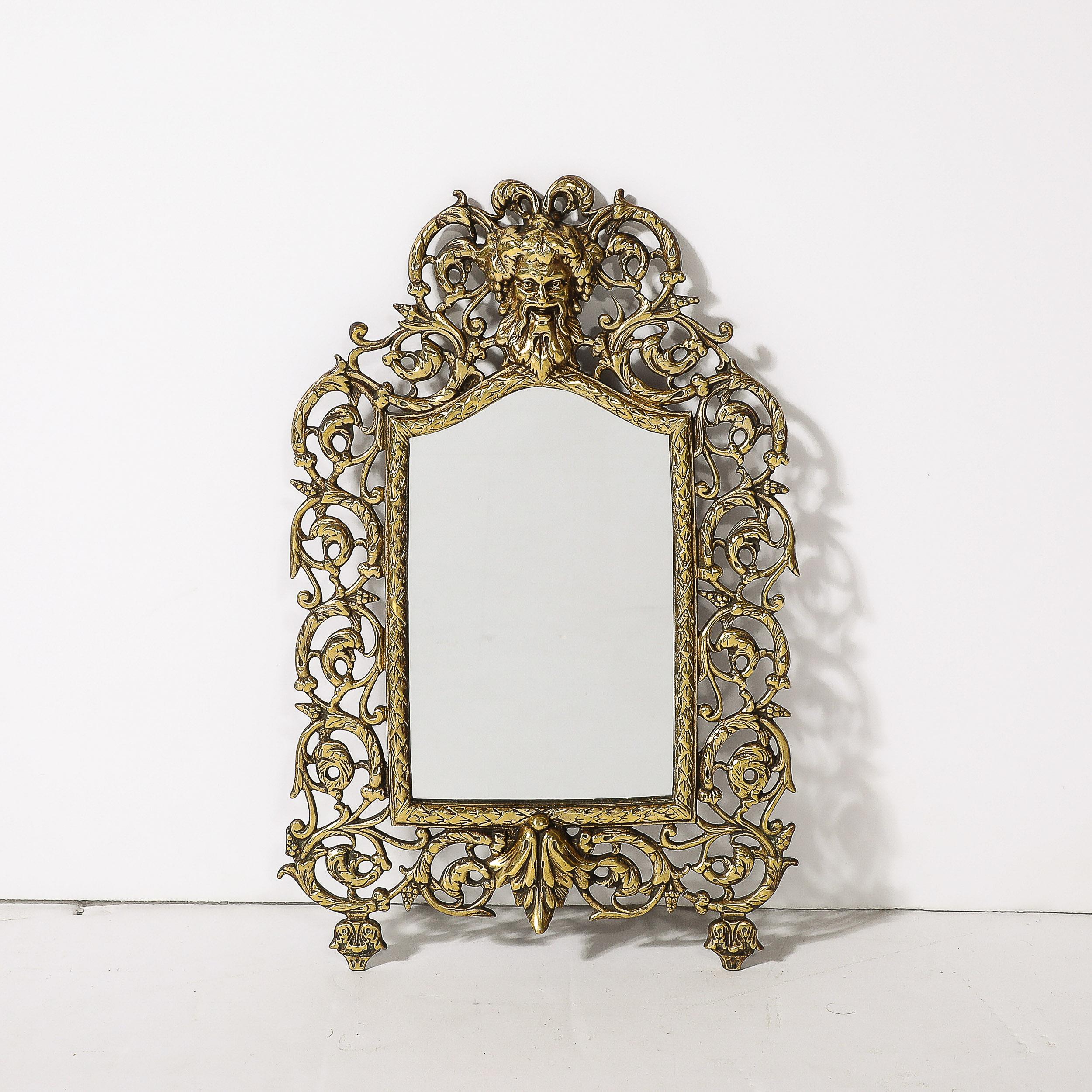 American Neoclassical Ornate Brass Framed Mirror W/ Bacchus Motif For Sale