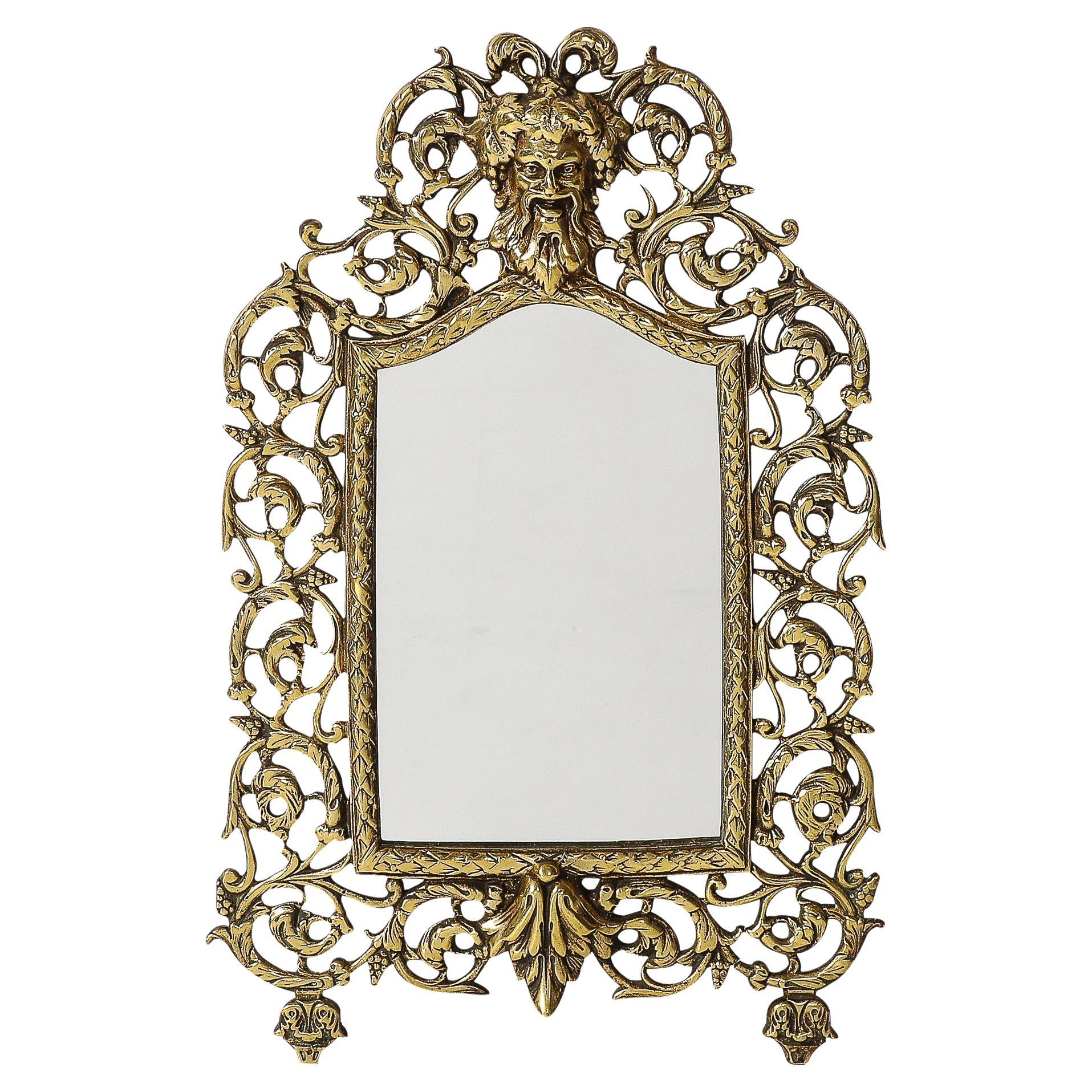 Neoclassical Ornate Brass Framed Mirror W/ Bacchus Motif