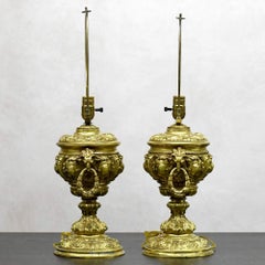 Neoclassical Ornate Ram Head Gold Table Lamps