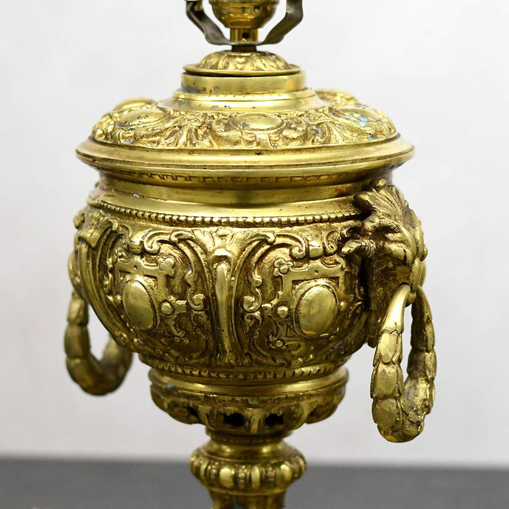 Cast Neoclassical Ornate Ram Head Gold Table Lamps For Sale