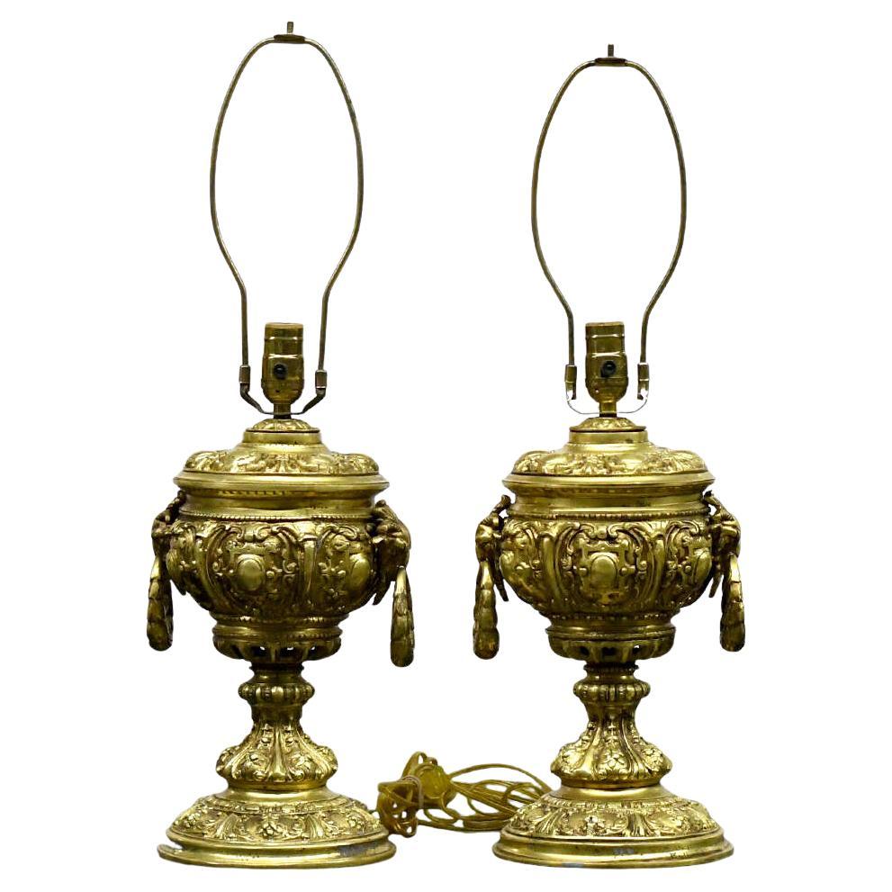 Neoclassical Ornate Ram Head Gold Table Lamps For Sale