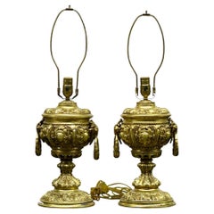 Neoclassical Ornate Ram Head Gold Table Lamps