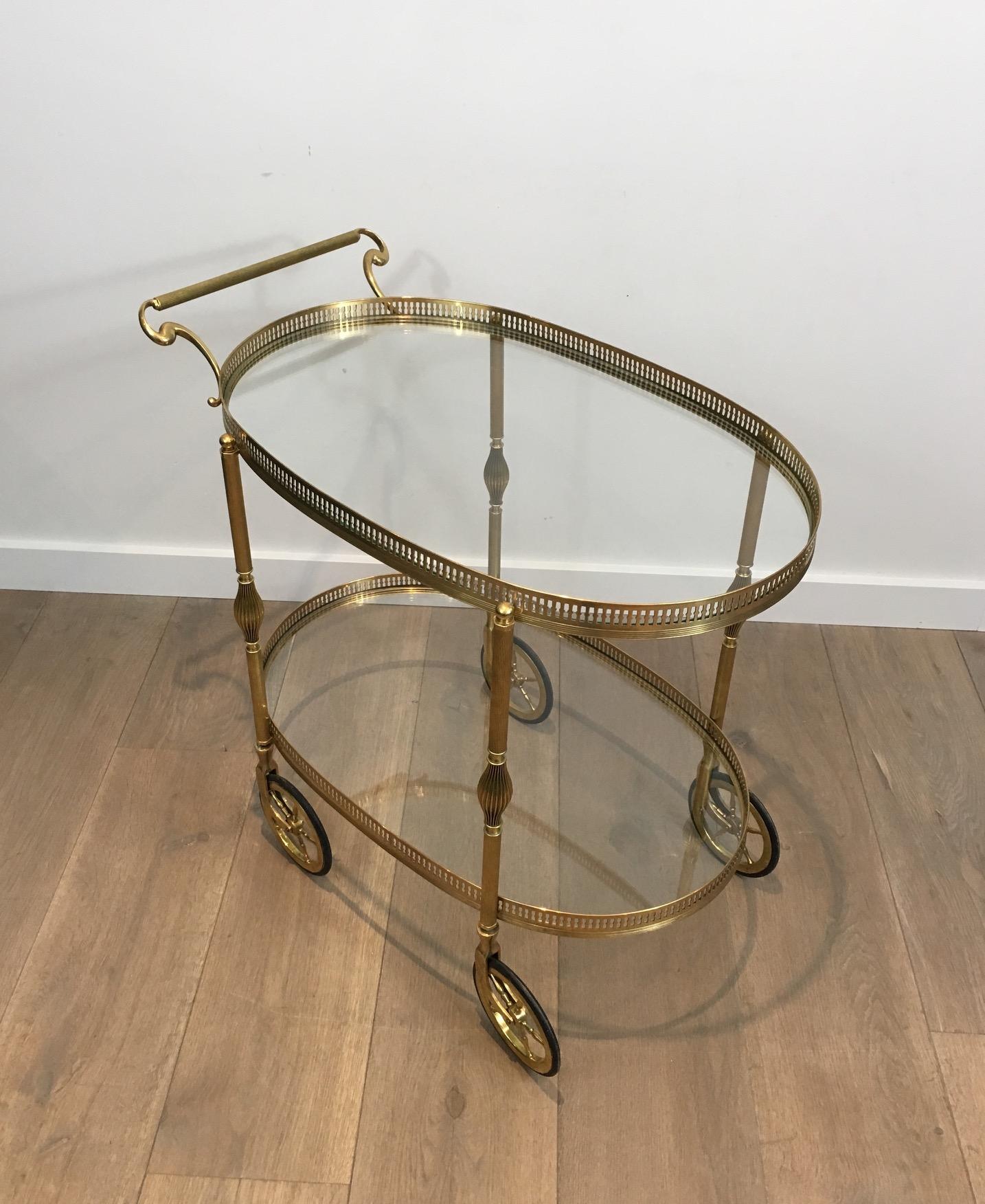 Neoclassical Oval Brass Bar Cart, French, circa 1940 For Sale 9