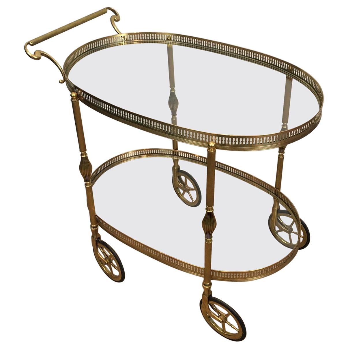 Neoclassical Oval Brass Bar Cart, French, circa 1940 For Sale