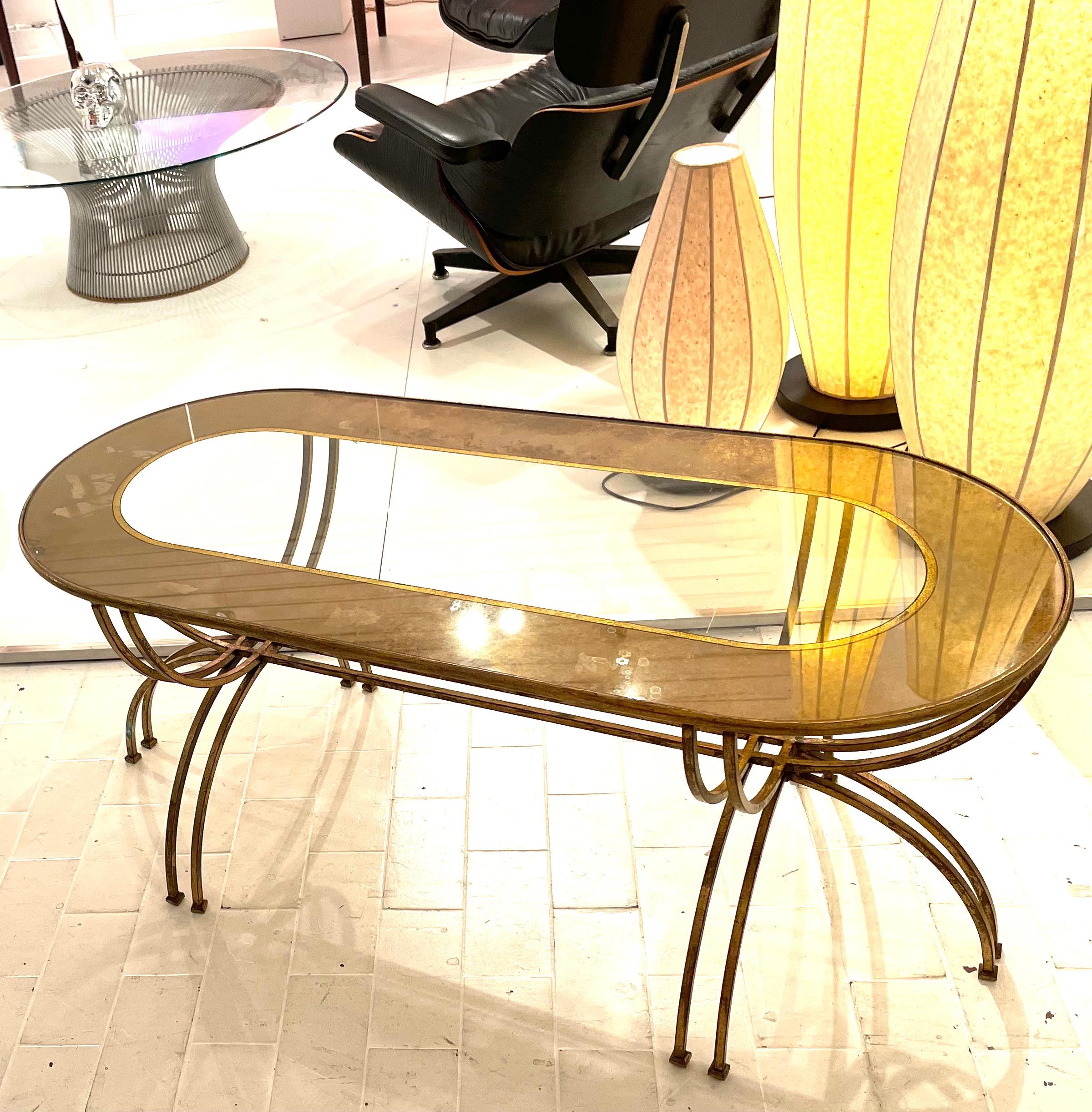 Glass Neoclassical Oval Gilded Wrought Iron Low Table With Eglomise Top, France 1950.
