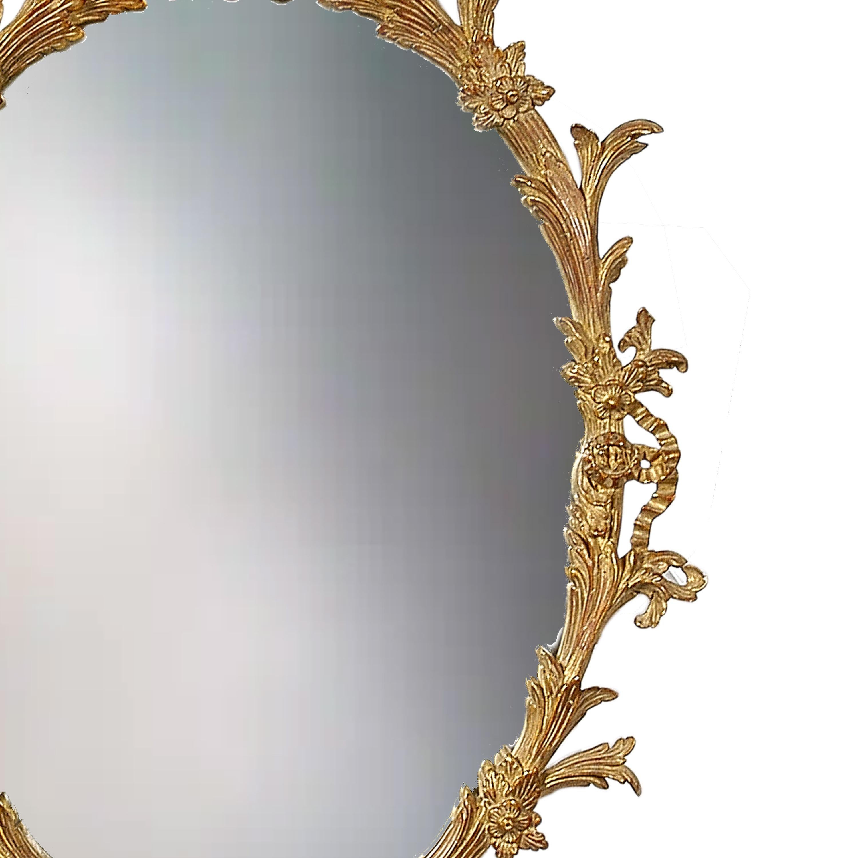 Spanish Neoclassical Oval Gold Foil Hand Carved Wooden Mirror, 1970