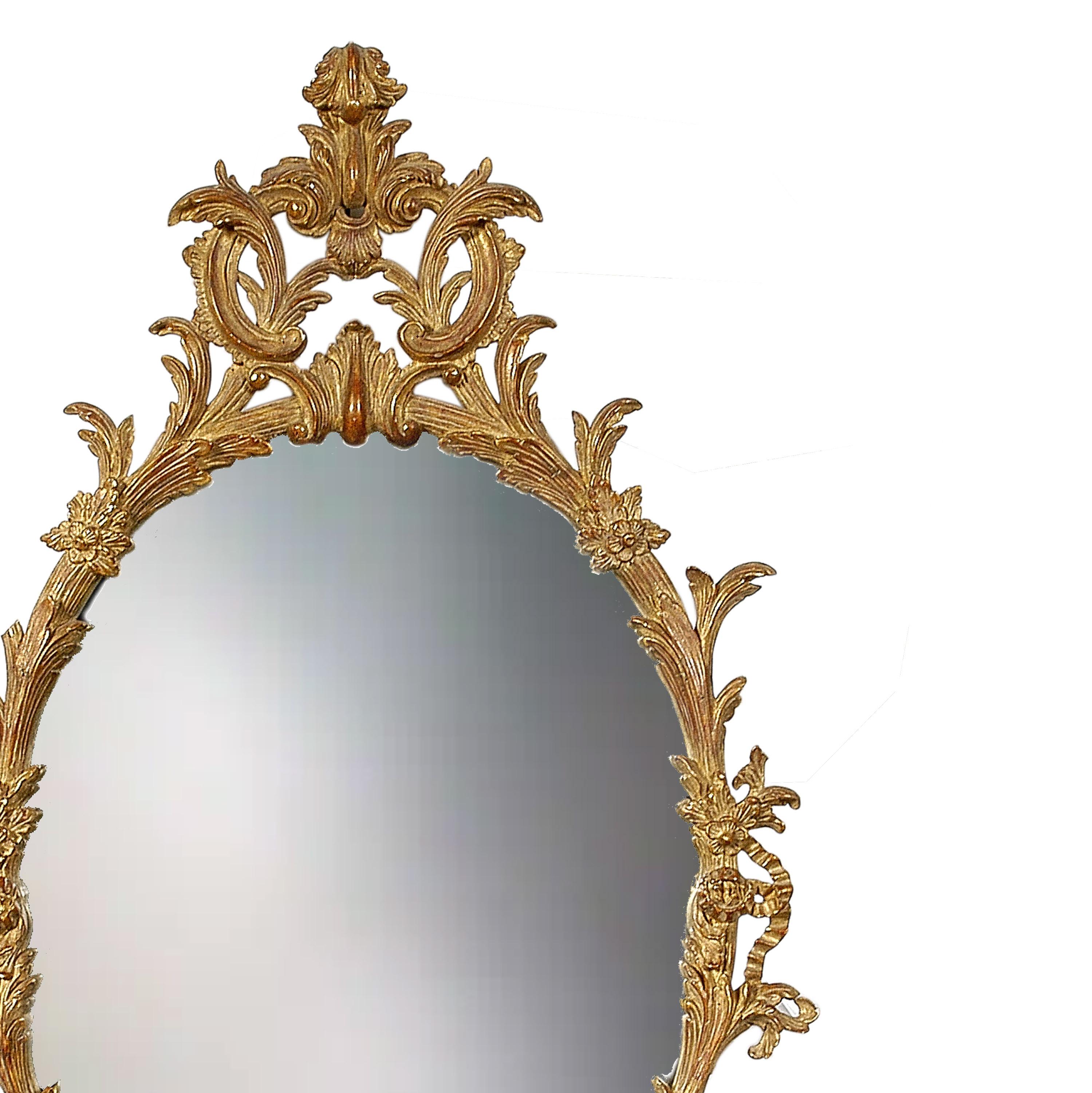 Neoclassical Oval Gold Foil Hand Carved Wooden Mirror, 1970 In Good Condition In Madrid, ES