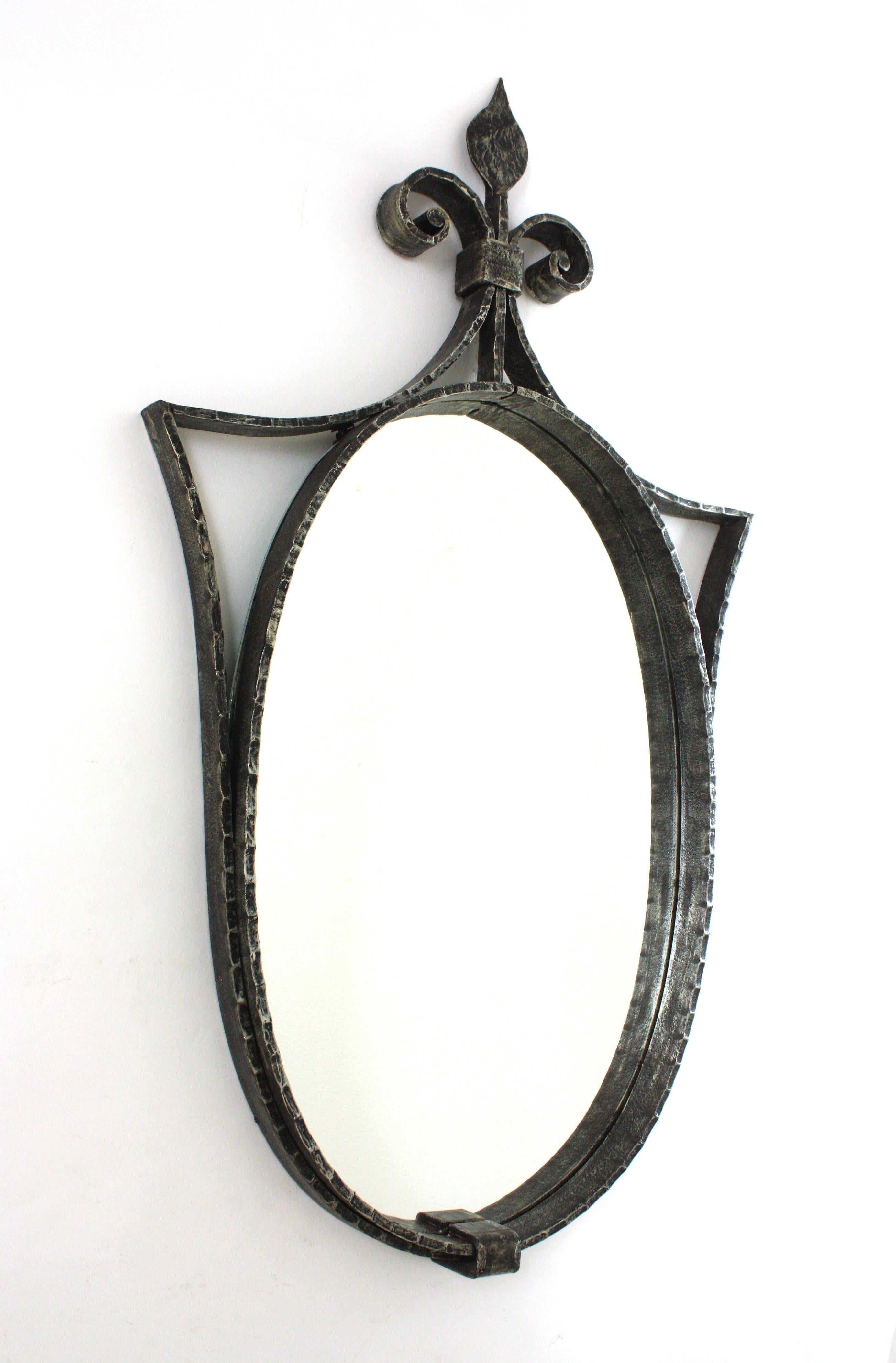 Mid-Century Modern Neoclassical Oval Mirror in Hand Forged Iron, Spain 1950 For Sale