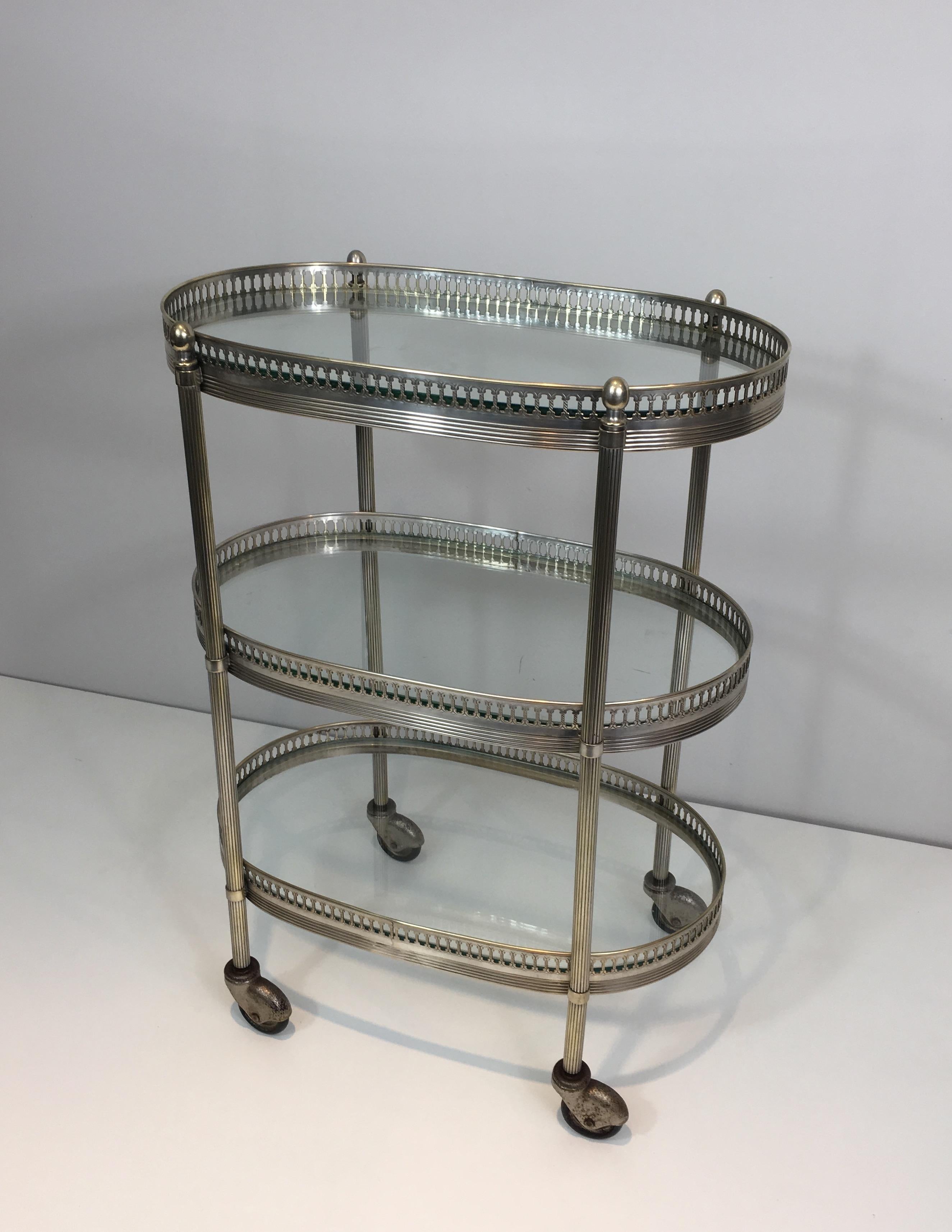 Neoclassical Oval Small Silver Plated on Brass Drinks Trolley, French 13