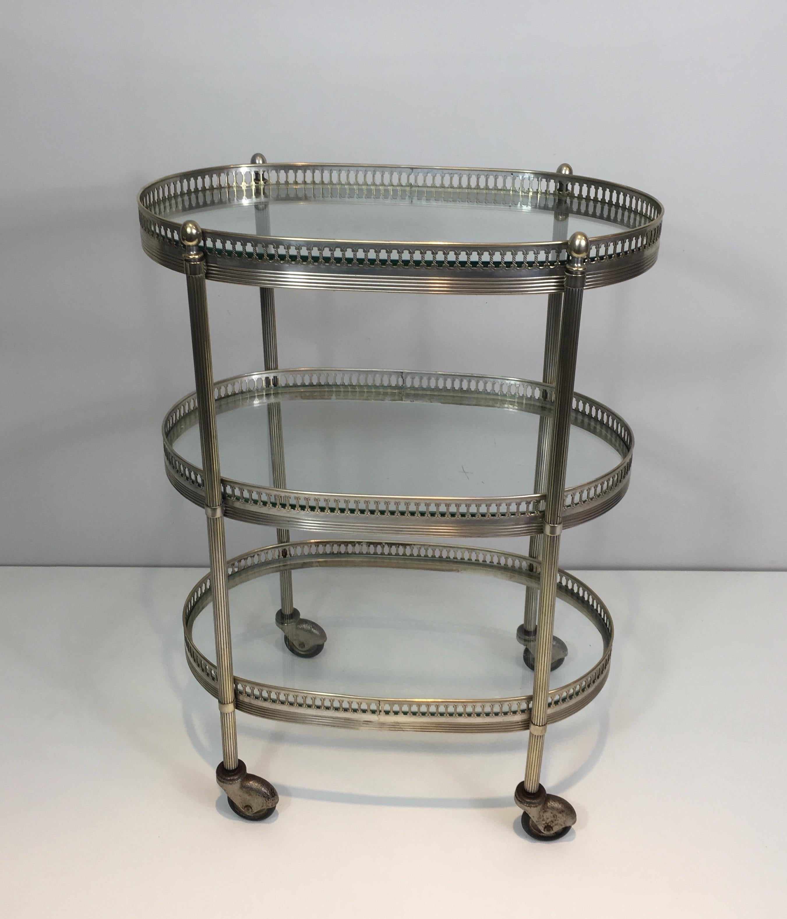 Neoclassical Oval Small Silver Plated on Brass Drinks Trolley, French 14