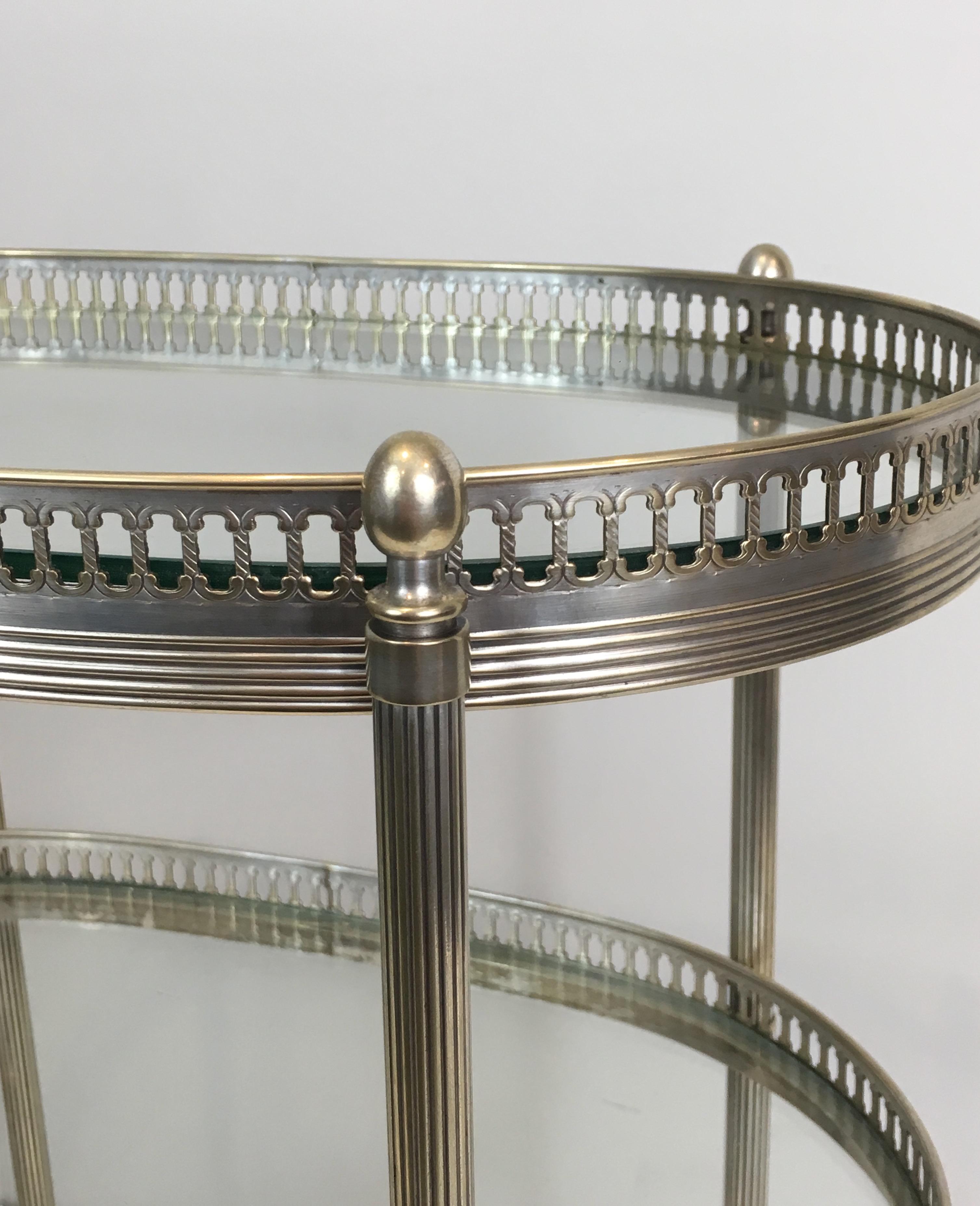 Silvered Neoclassical Oval Small Silver Plated on Brass Drinks Trolley, French