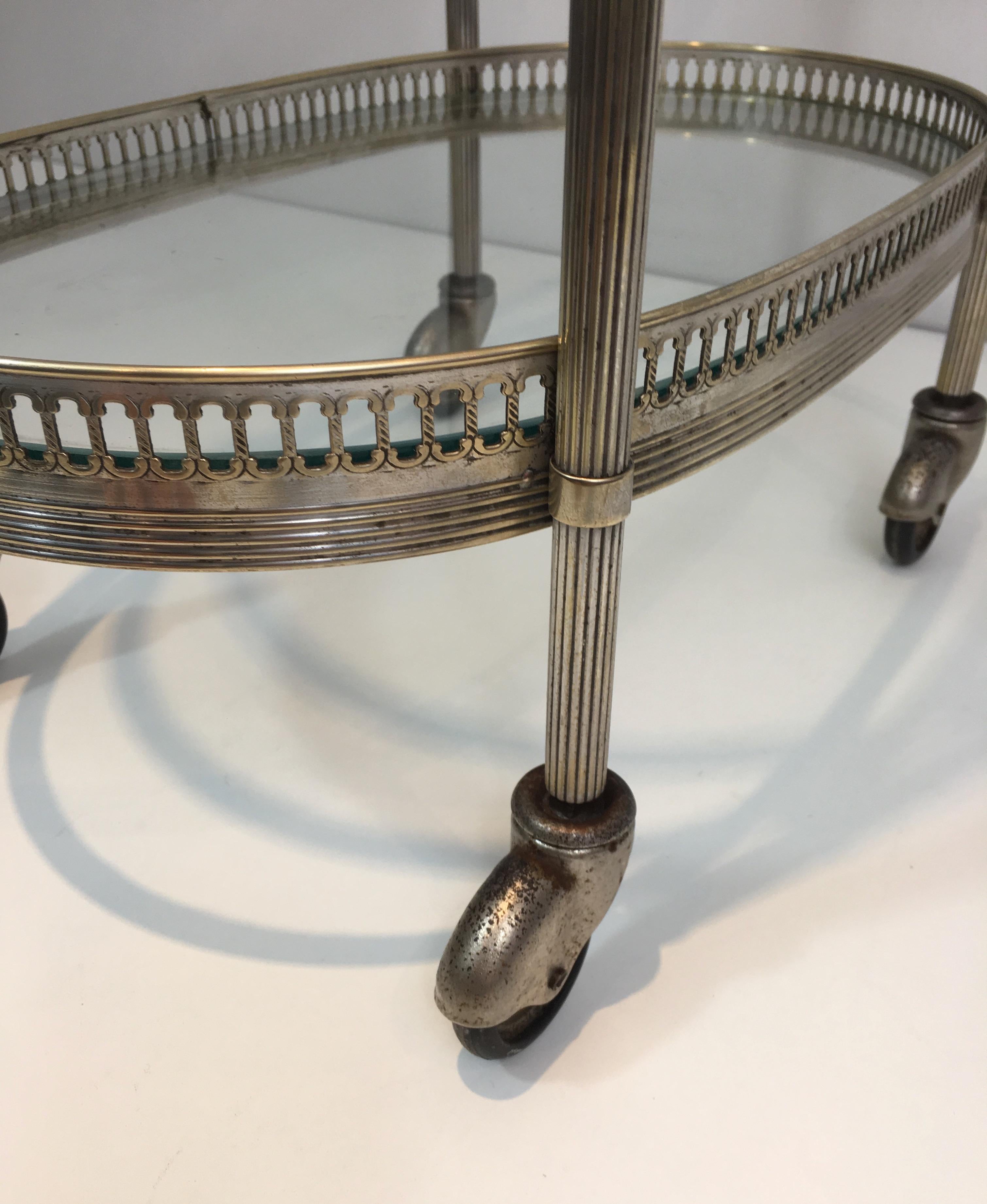 Neoclassical Oval Small Silver Plated on Brass Drinks Trolley, French 1