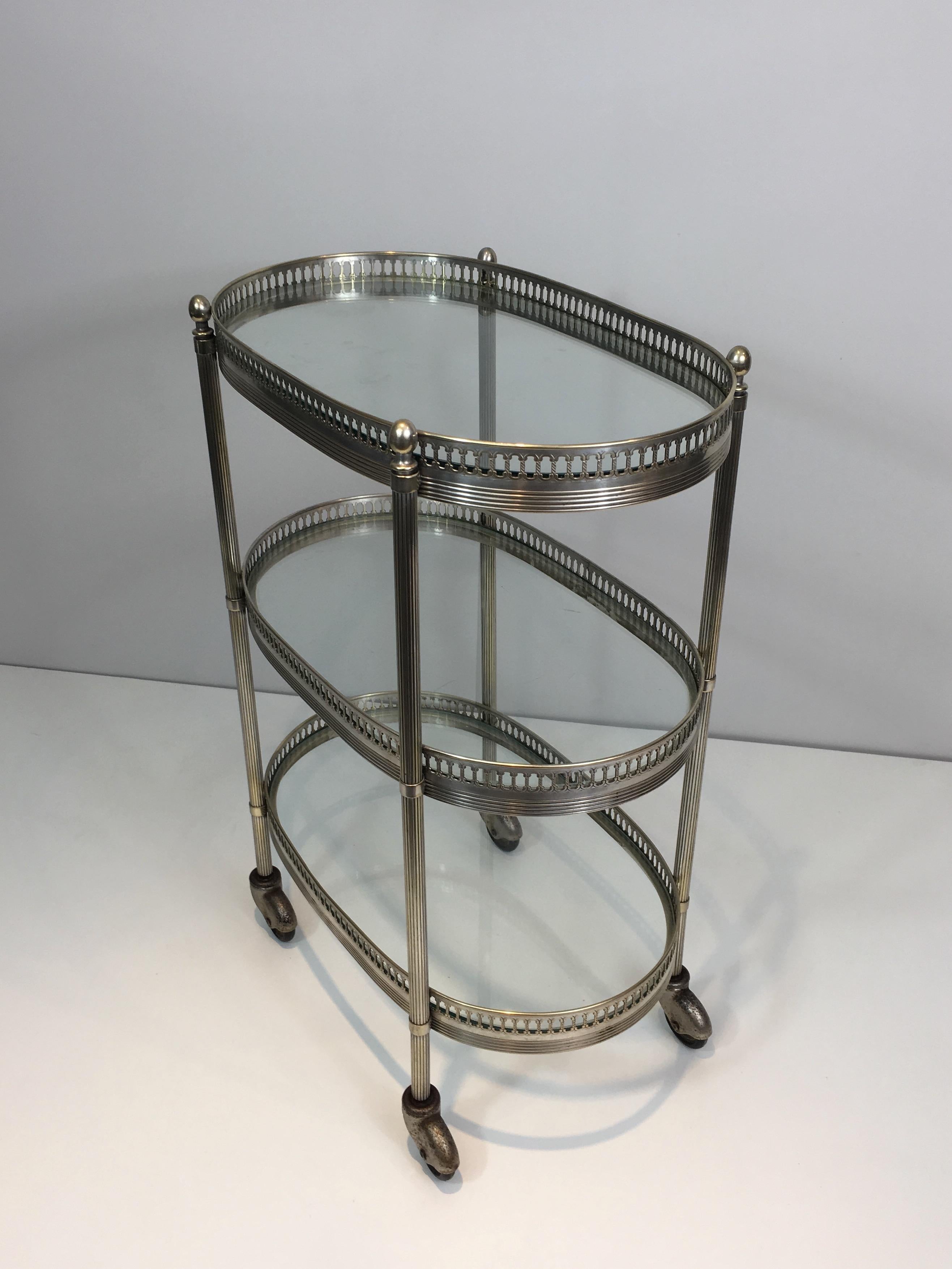 Neoclassical Oval Small Silver Plated on Brass Drinks Trolley, French 3