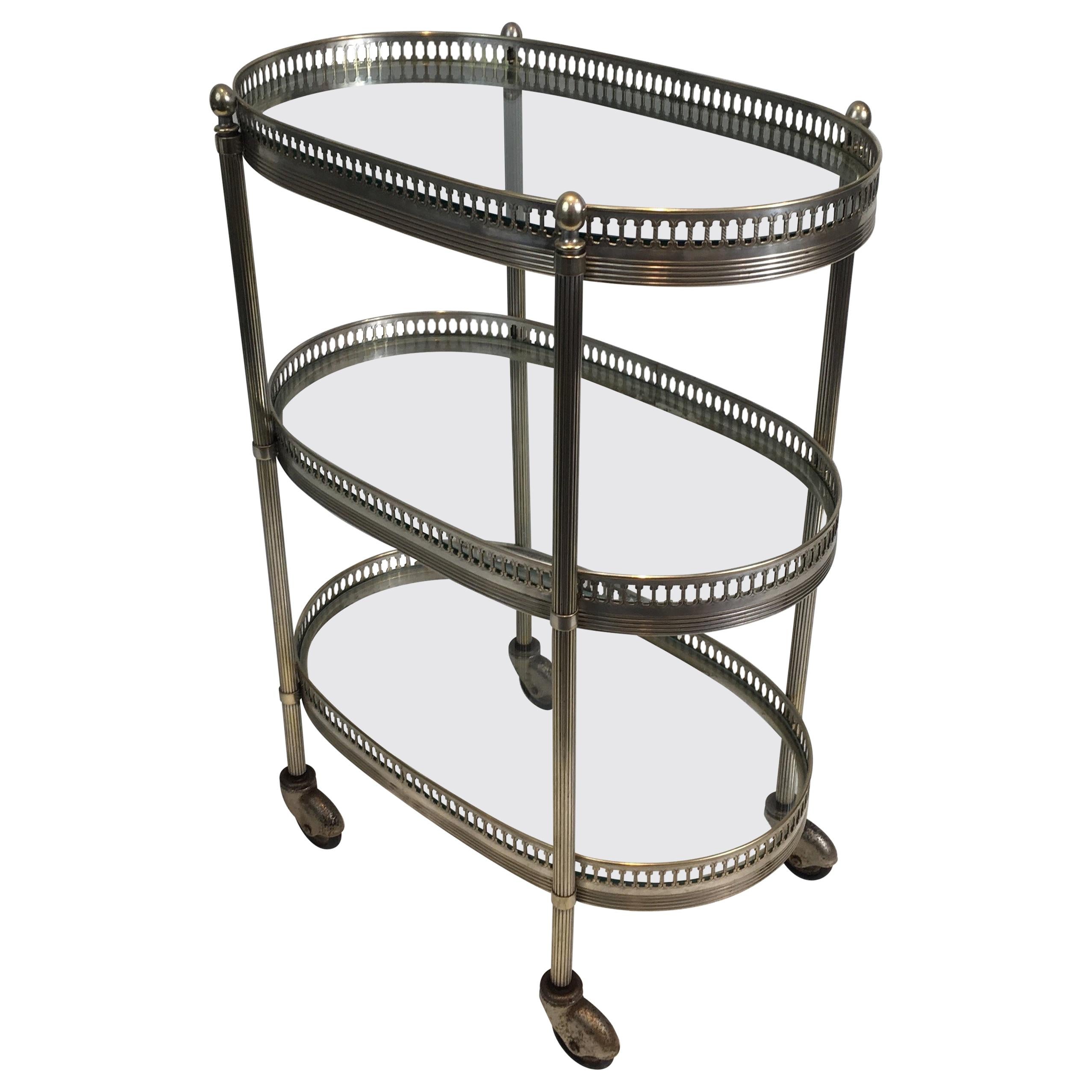 Neoclassical Oval Small Silver Plated on Brass Drinks Trolley, French