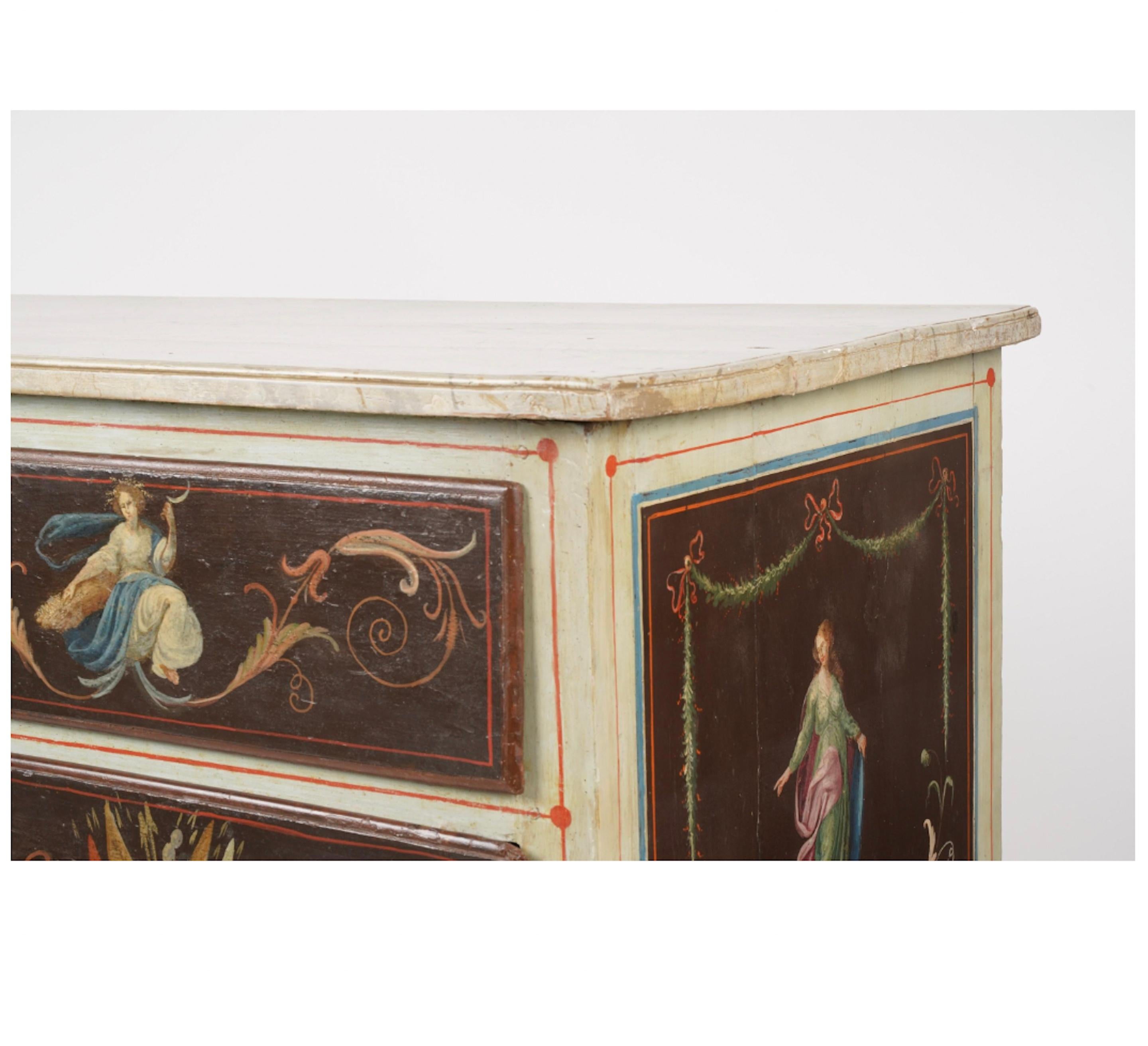 Neoclassical hand painted commode with figures and scrolling foliage.  Faux marble painted top.  