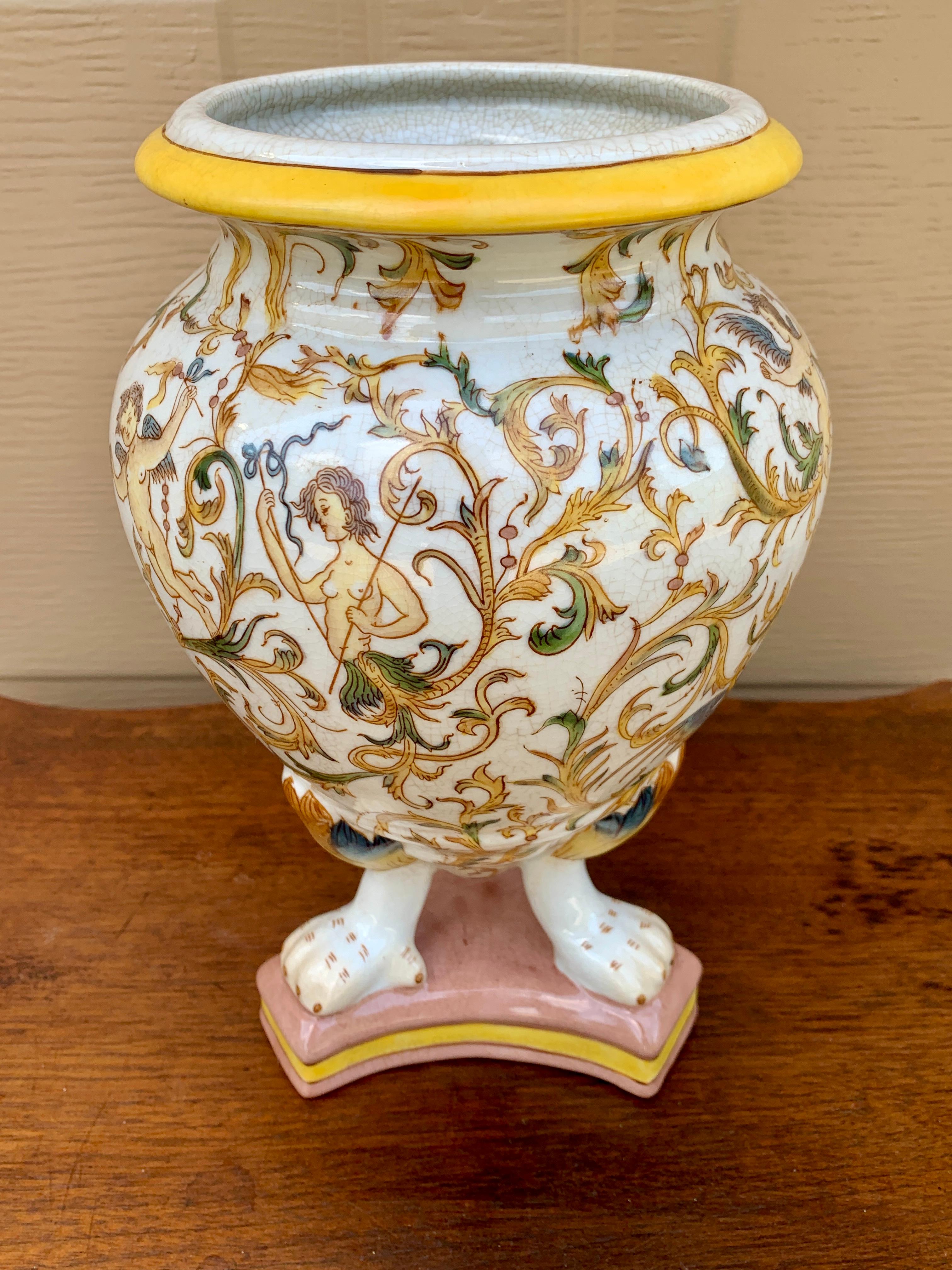 Neoclassical Painted Faience Allegorical Vase With Paw Feet For Sale 3