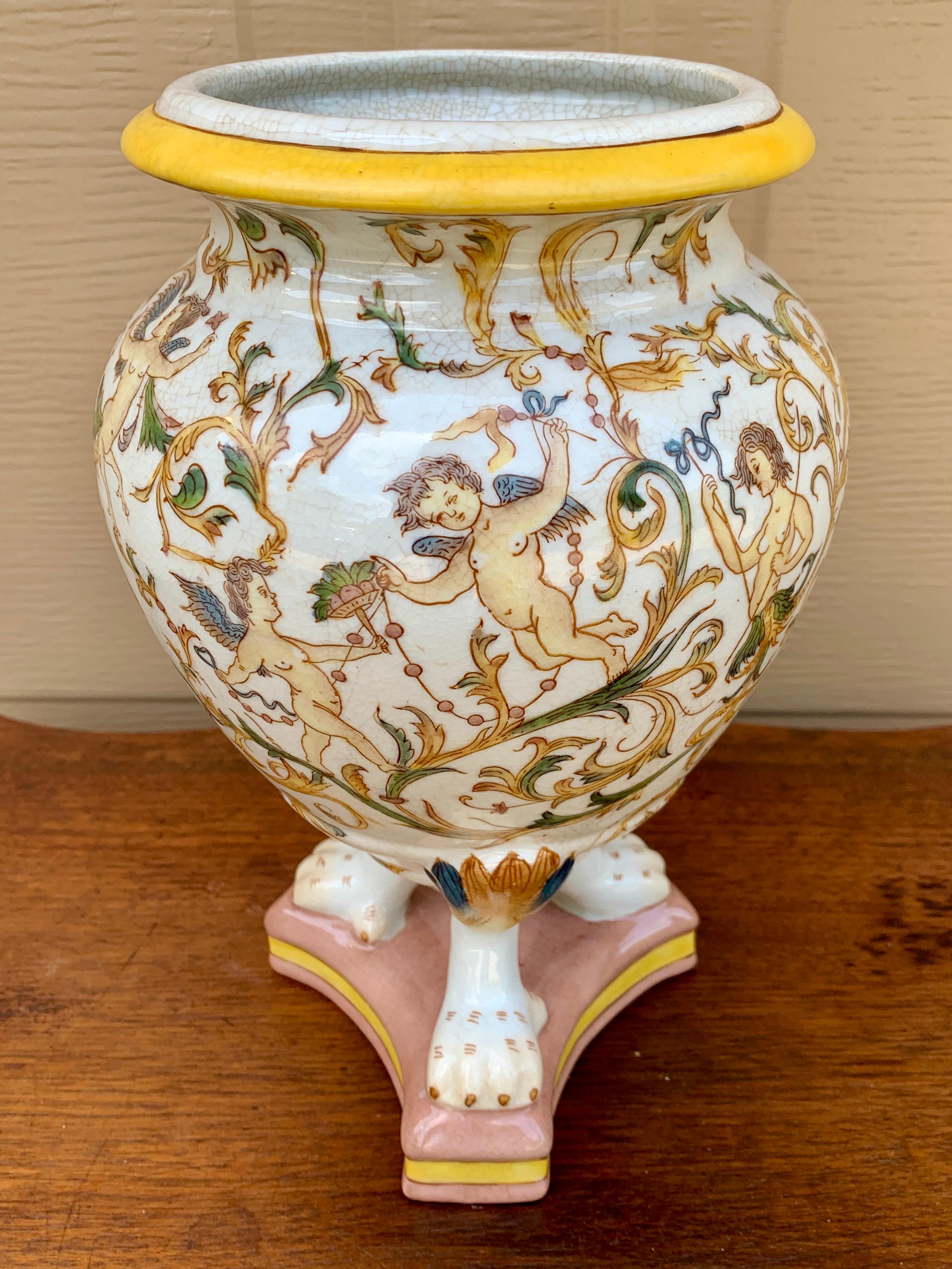 Neoclassical Painted Faience Allegorical Vase With Paw Feet For Sale 4