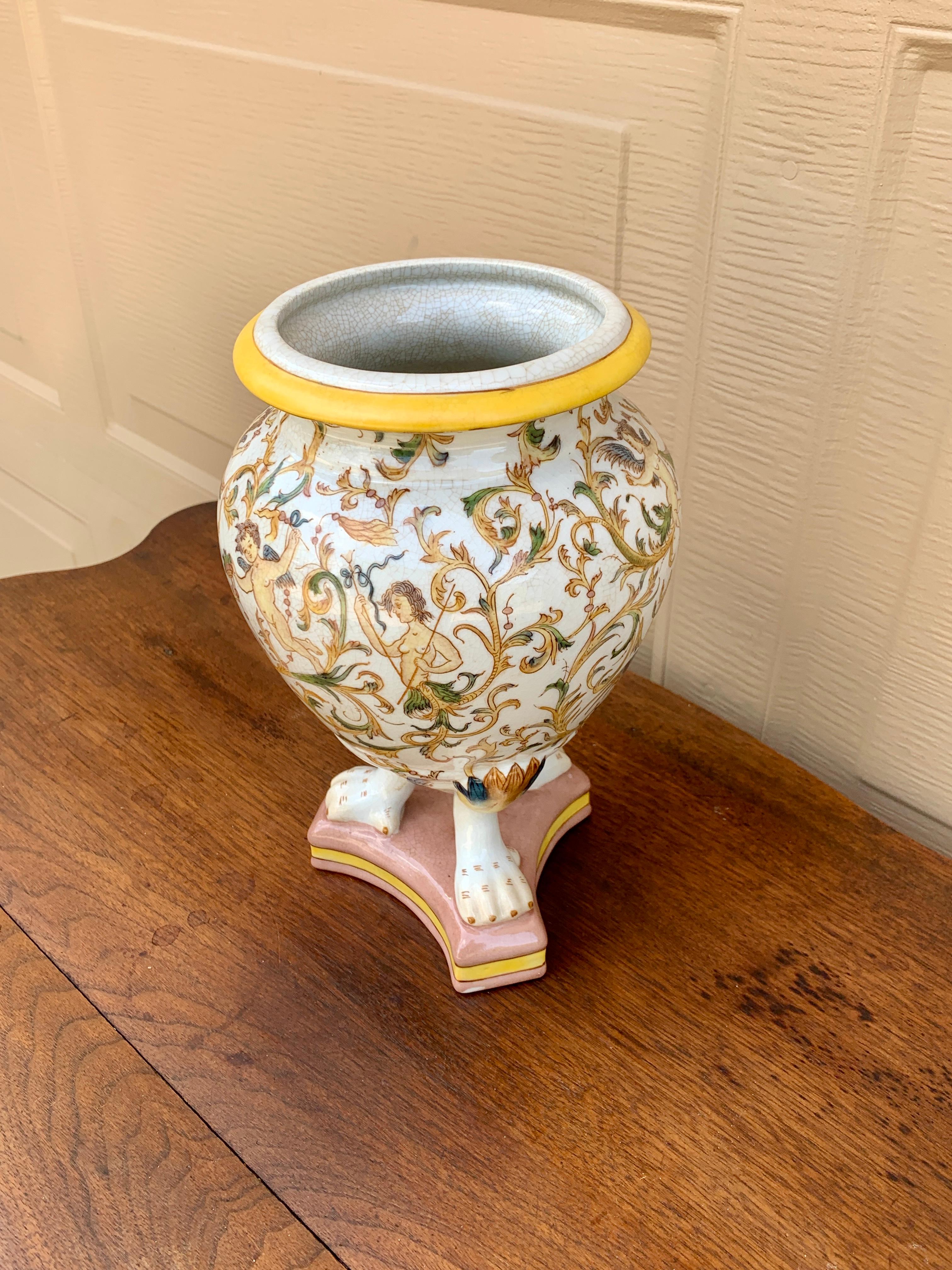 French Provincial Neoclassical Painted Faience Allegorical Vase With Paw Feet For Sale